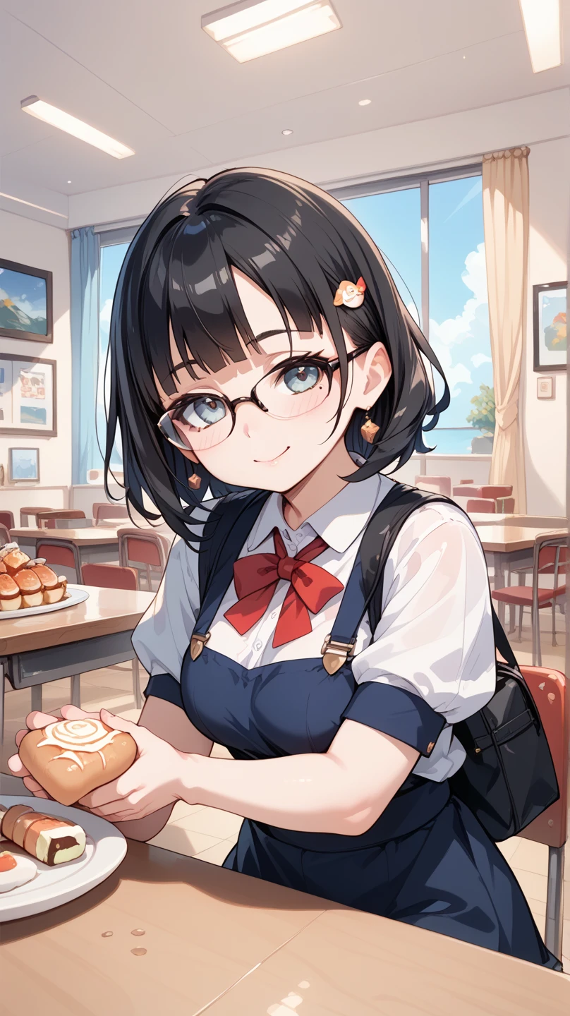1 girl, thighs, school uniform, single, skirt, sailor collar, sitting, pleated skirt, glasses, serafuku, chalk ring, look at me, food, chest, shirt, indoors, short hair, stockings, window, big breasts, muffler , plant, fork, miniskirt, collarbone, smile, zettairyouiki, thigh, between legs, semi-rimless glasses, bangs, cheek, hair between eyes, hand up, plate