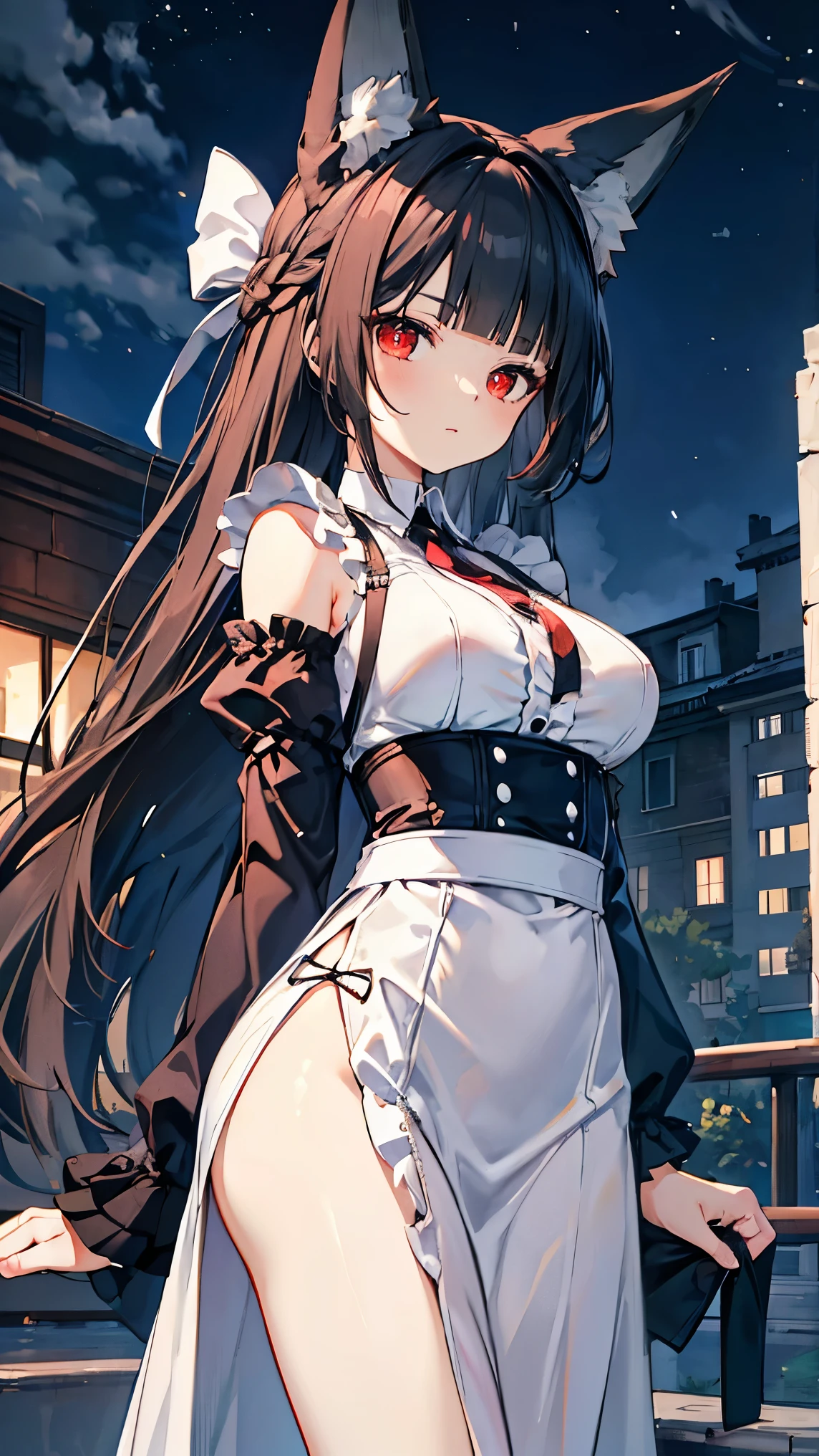 best quality 、、(Whitening skin)、 black hair, long hair, red eyes, fox ear,Petite、 slender, big breasts, slender, maid clothes,Frills, red cheeks , headband,,Night Sky,Western-style building