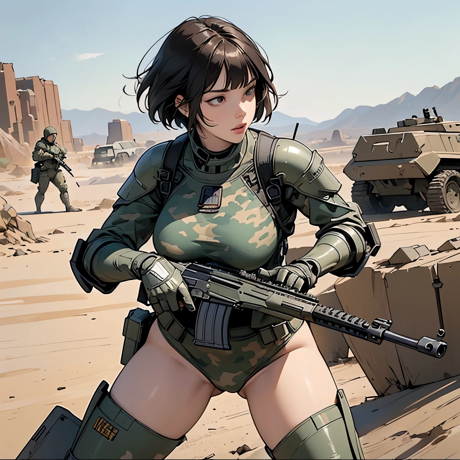 nsfw, anime screencap, 16K, perfect anatomy proportion body, perfect hands, action, A dynamic composition with a sense of speed and movement, (Hold an assault rifle:1.6), a wife, 40age, perfect beautiful delicate sexy face, perfect beautiful delicate eyes, brown hair, short bob hair, gigantic tits, abs, Camouflage-colored heavy armored steam engine full armor powered suit, Many heavily armored robot soldiers are engaged in a firefight in the background., Flying bullets, Snowy Battlefield, war, Post-apocalyptic,