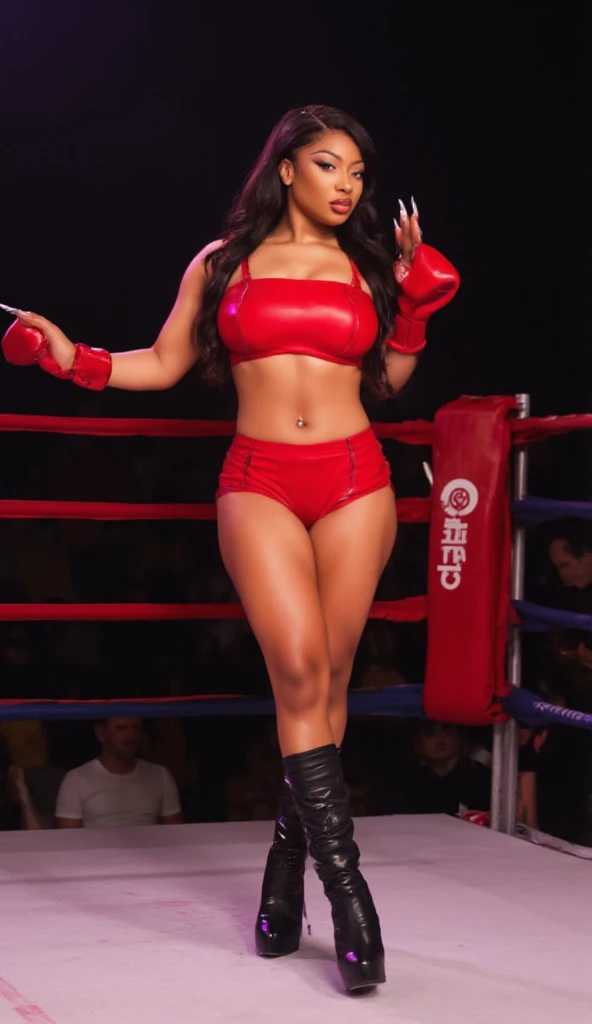 55 years old sporty woman, red shorts, red open jacket, black micro bra, attitude pose, voluptuous body, slim waist, large breasts, thick bust, thick thighs, full body, bob length hair, sweating, in boxing ring, black boots, choker necklace