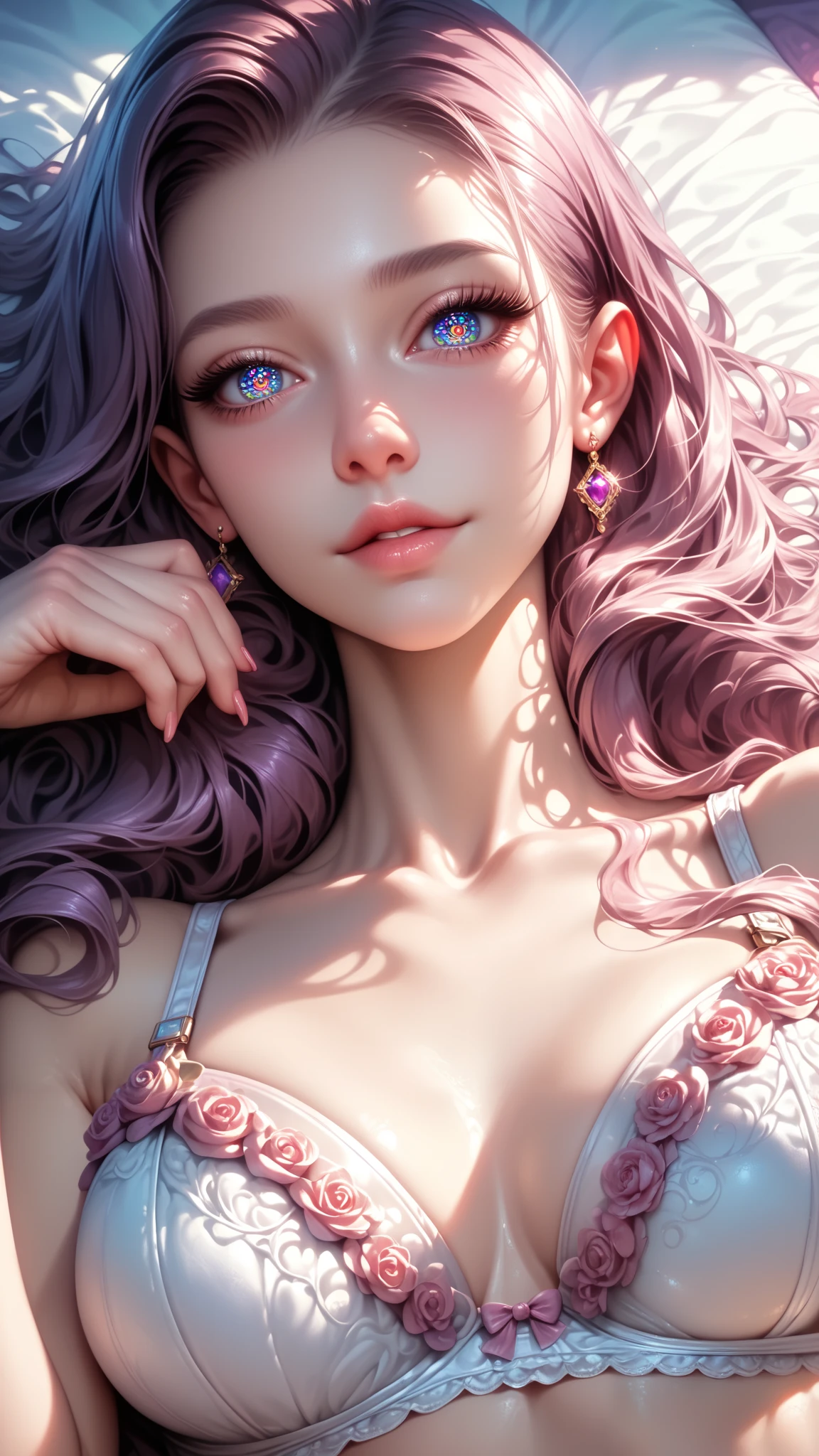 (highest quality:1.2, Very detailed, High Detail, digital coloring, High Contrast, masterpiece:1.2, highest quality, Best aesthetics), Beautiful fine details, ((Detailed eyes)), Beautiful lip detail, Very detailed目と顔, Long eyelashes, wearing bra and panties,  (One girl), Close-up shot, Portraiture, Lying in bed, Soft lighting, Calm colors, Graceful pose, Calm expression, Long Straight Hair.