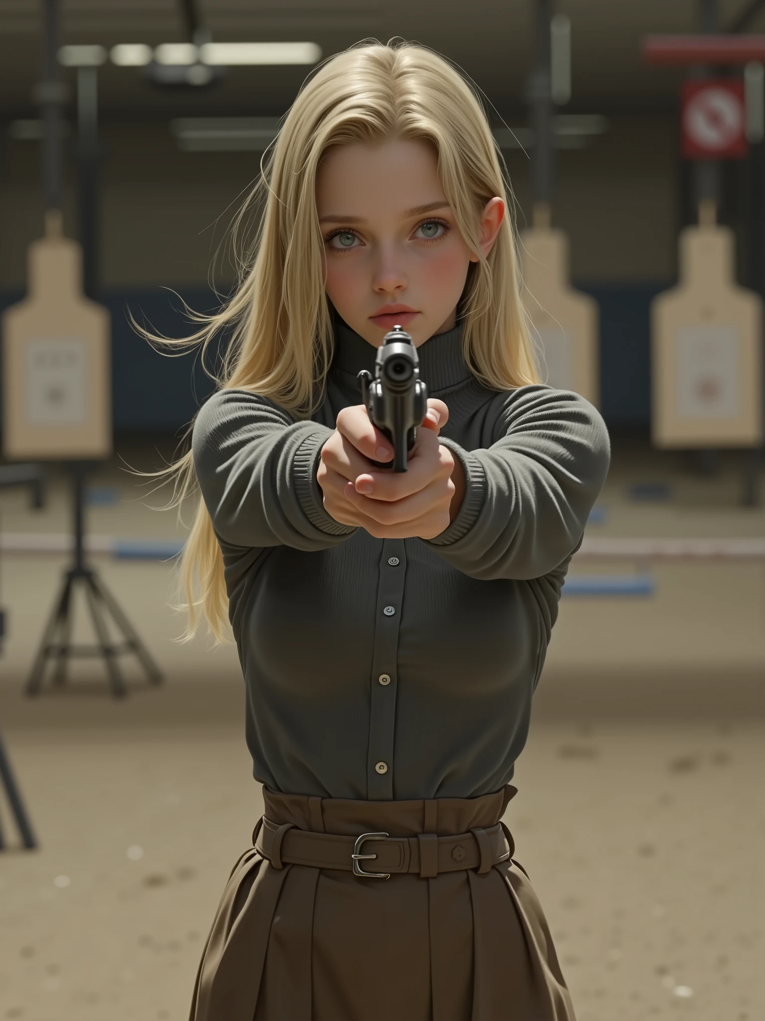 Short Russian girl , , with blond long hair and dark brown eyes , wearing a turtleneck and a straight skirt with a shirt over him, he learns how to shoot a pistol at a shooting range 