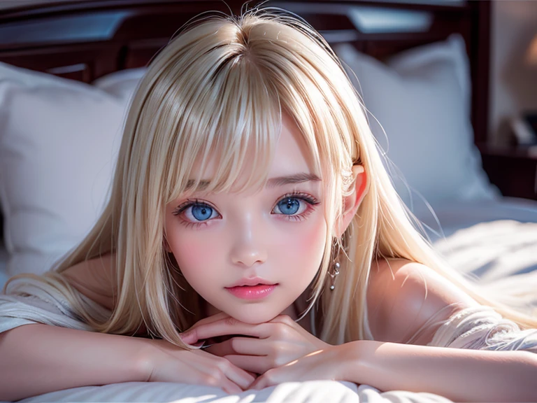 Bright expression、Photorealism、Highest quality、Ultra-high resolution、picture、北欧生まれのbeautiful少女の写真、非常にbeautiful少女、細部まで可愛くbeautiful幸せな顔、(Pure Eros Face_v1:0.008)、beautiful bangs、Alice in Wonderland、13 years old、(whole body)、Glowing White Skin、Facial hair、Bangs on the face、Bangs between the eyes、Super long hair、Attractive bright natural platinum blonde super long straight silky highlighter hair、High resolution eyes、beautiful, Bright and clear, Big bright blue eyes sparkle with charm、(One piece swimsuit)、eyeliner、double eyelid、Ample medium semi-nude bust、Cleavage, 完璧なbeautiful若い体, Perfectly balanced body, Going to bed、Sleep on your back、sprawl、Lie、Lie on your back