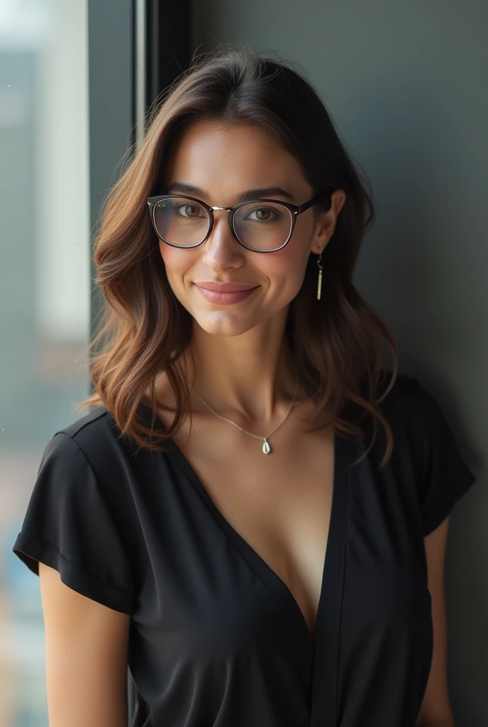 full body shot, attractive woman, curly brunette hair, glasses, nice smile, gym rat