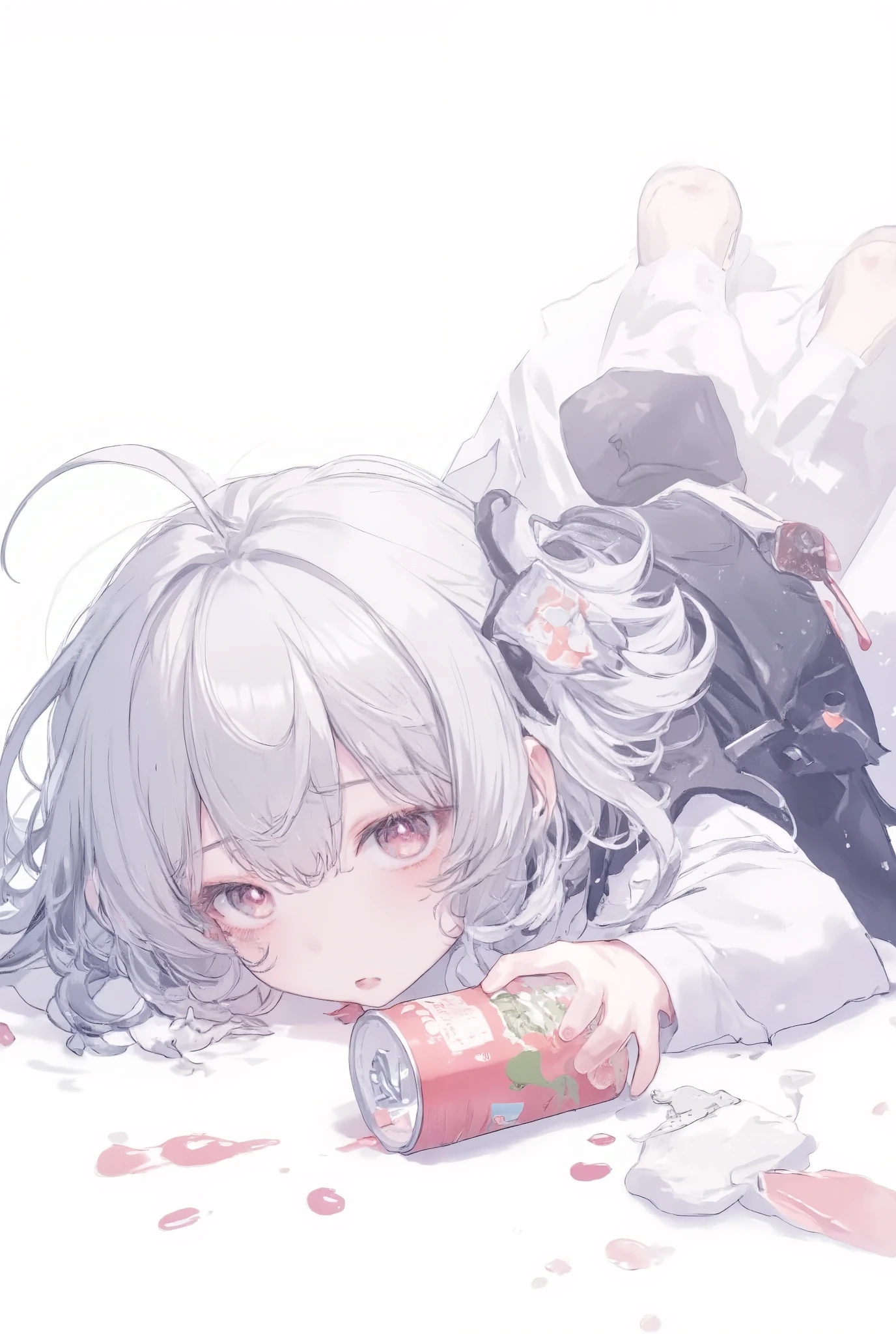 illustration, best quality, chibi style, 1girl, silver hair, fallen on the ground, spilled juice can, juice spilled on floor, surprised expression, casual outfit, simple white background, humorous and clumsy atmosphere, soft shadows, lighthearted and playful vibe