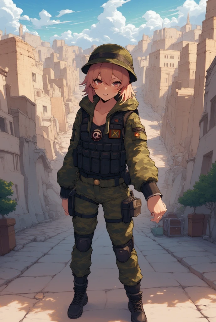 girl, about twenty-five , in military camouflage uniform( camouflage pants, knee pads, bulletproof vest, helmet), with cat ears and tail . She has a psychopathic smile on her face . Cut scars on the face: on her right cheek and eye . The ruins of a Middle Eastern city can be seen in the background. In anime style.