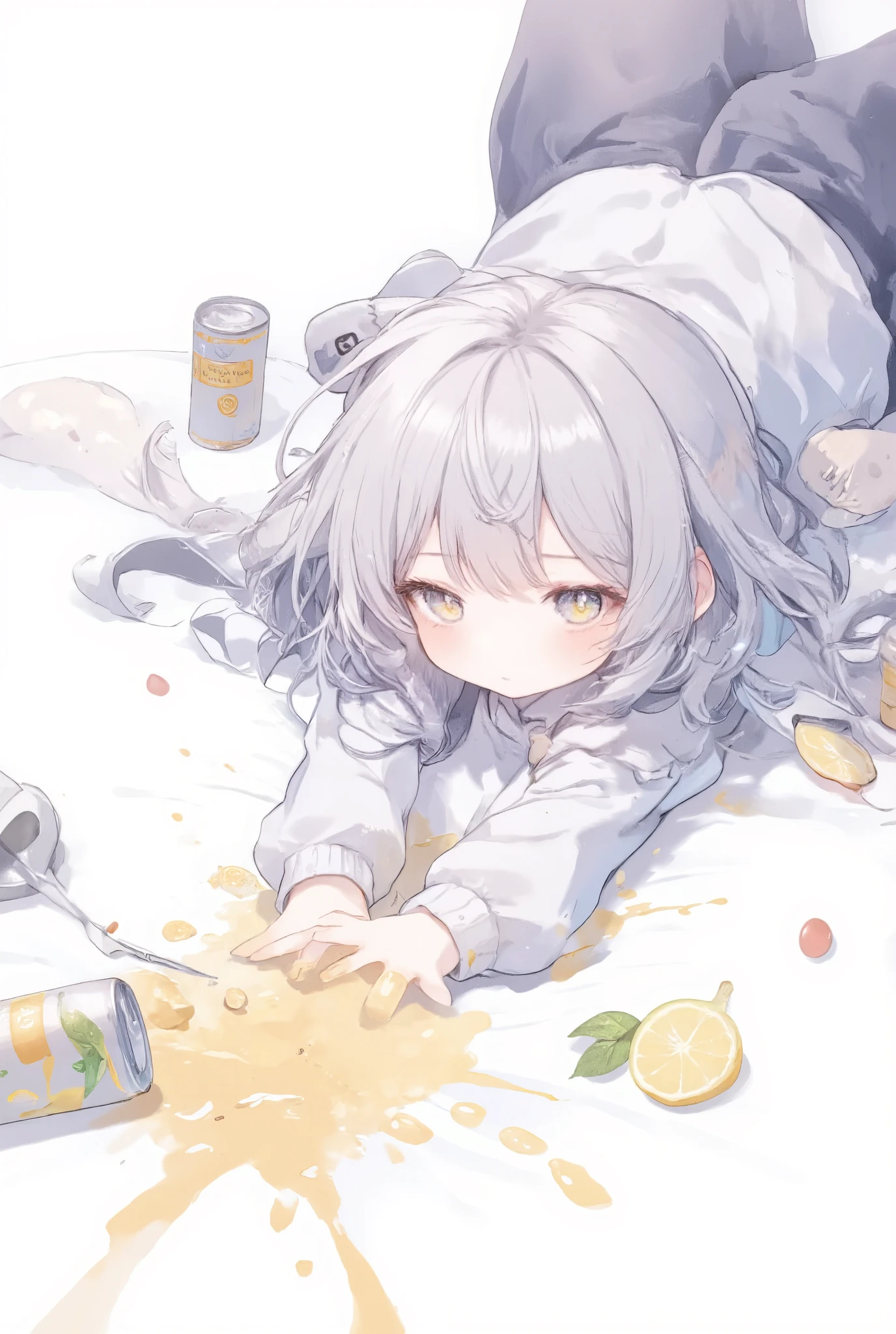 illustration, best quality, chibi style, 1girl, silver hair, fallen on the ground, spilled juice can, juice spilled on floor, surprised expression, casual outfit, simple white background, humorous and clumsy atmosphere, soft shadows, lighthearted and playful vibe