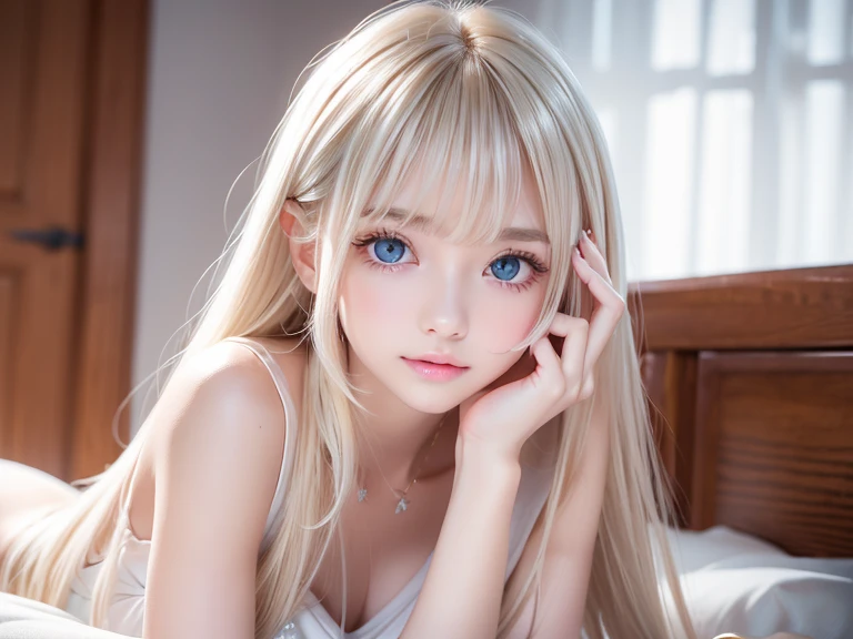 A very white and beautiful 16-year-old blonde girl、Mastepiece, Best Quality, Illustration, Ultra-detailed fine details, Super long straight silky hair、disheveled bangs above the eyes,、High resolution, 8K Denden Wallpaper, Perfect dynamic composition, Beautifully detailed large light blue eyes , of hotel(Bed), Sexy face,A face in ecstasy,Lying down