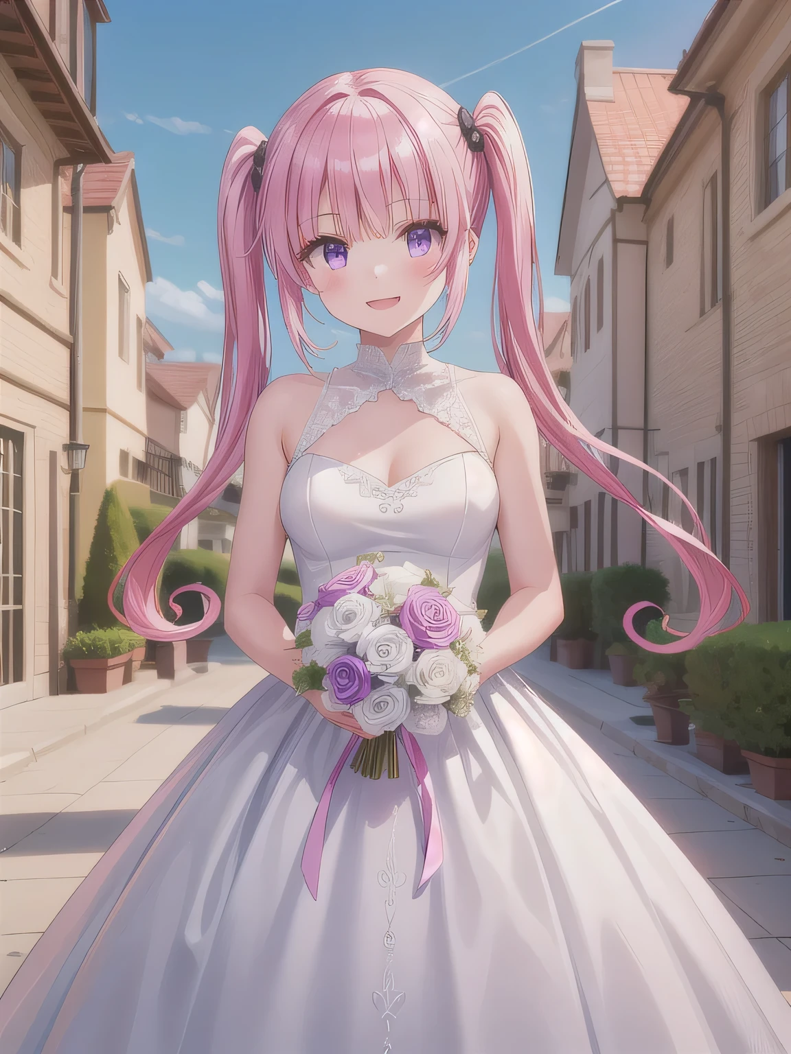 A stunningly beautiful 20-year-old woman standing in the courtyard of a luxurious mansion under a clear blue sky. She is wearing a white and blue wedding dress and holds a red bouquet with both hands in front of her chest. She looks very happy, with a radiant and joyful expression.  long hair, pink hair , twin tails, o,bangs, purple eyes.