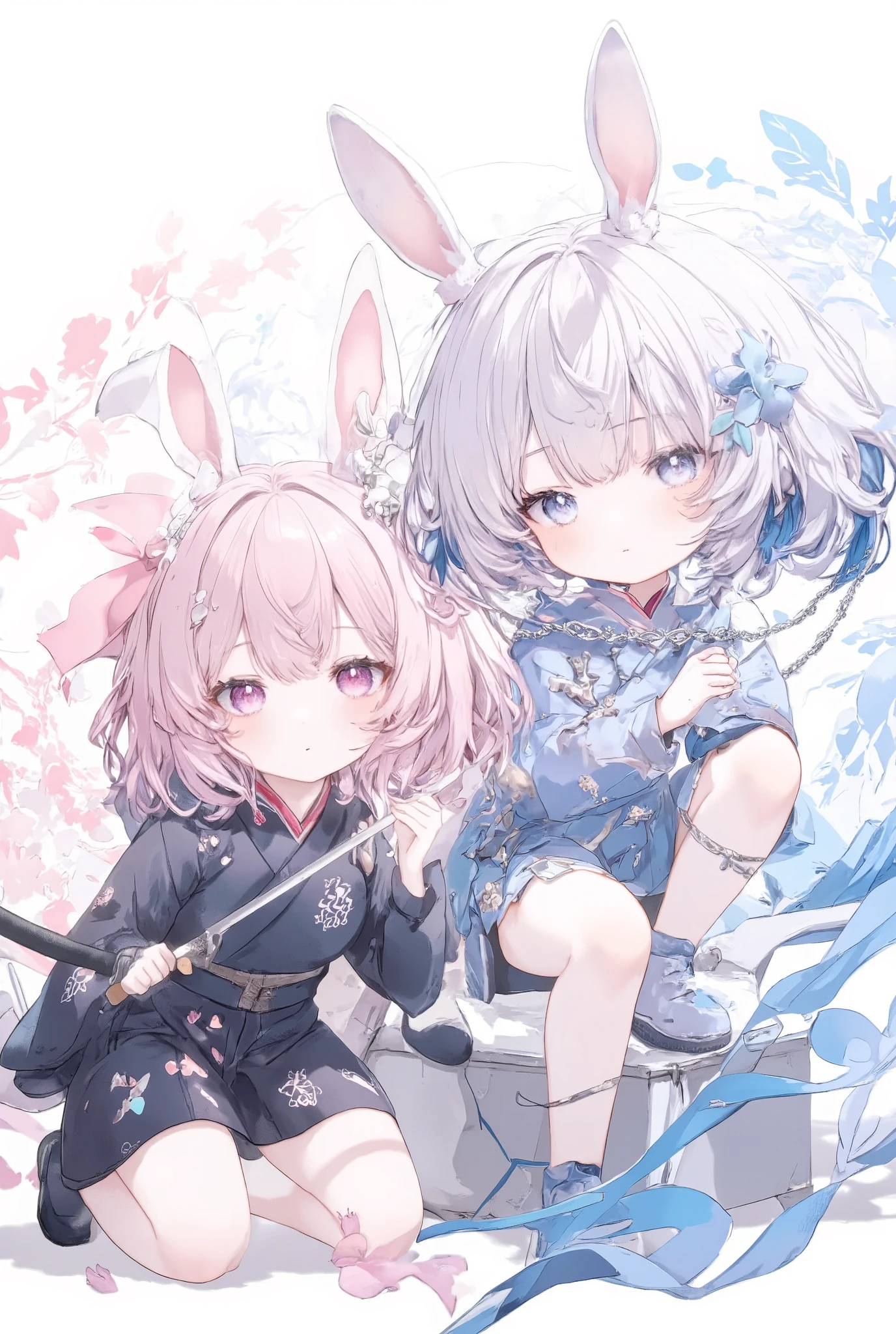 chibi, masterpiece, best quality, ultra-detailed, trk,two chibi girls in action-oriented poses, the pink-haired rabbit-eared girl on the left is kneeling with one knee on the ground, katana drawn, her sharp gaze locked on an unseen enemy, while the silver-haired girl on the right places one foot on a raised platform, confidently wrapping a chain around her arm, her expression filled with calm authority, pink floral patterns bloom behind the left girl and blue floral designs swirl behind the right, the scene contrasts action and poise, creating a dynamic composition.