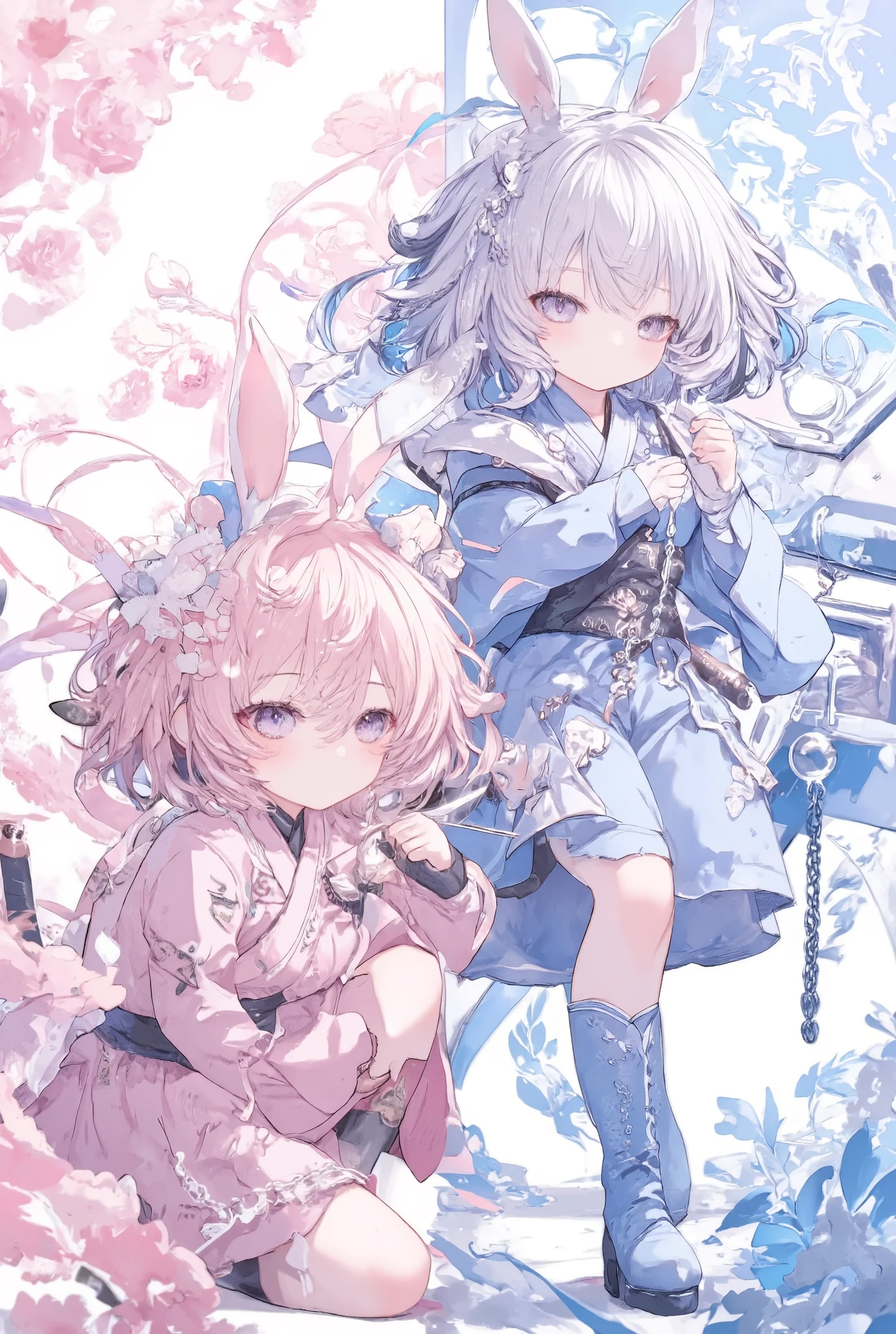 chibi, masterpiece, best quality, ultra-detailed, trk,two chibi girls in action-oriented poses, the pink-haired rabbit-eared girl on the left is kneeling with one knee on the ground, katana drawn, her sharp gaze locked on an unseen enemy, while the silver-haired girl on the right places one foot on a raised platform, confidently wrapping a chain around her arm, her expression filled with calm authority, pink floral patterns bloom behind the left girl and blue floral designs swirl behind the right, the scene contrasts action and poise, creating a dynamic composition.