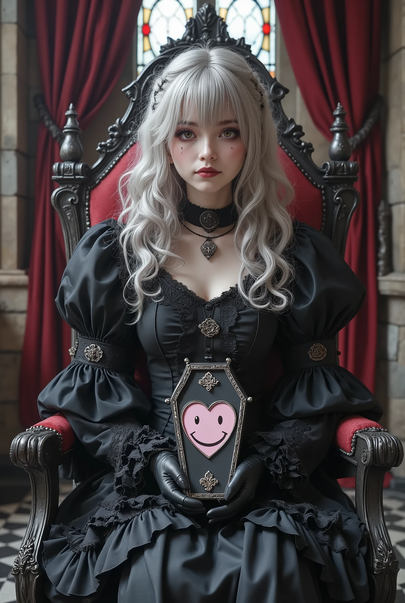 A gothic ta girl sits elegantly on an ornate gothic chair placed in a gothic-style room. She holds a small-coffin about the size of her head with both hands, small-coffin\(decorated with a pink cute heart symbol with a smiling face in its center\), She has long, curly blonde hair and wears a black gothic loliress featuring elaborate frills, lace, a high collar, and dramatic puffed sleeves. She also wears black gloves and a black choker with a pendant. Her pale skin is accentuated by dramatic visual kei-inspired makeup, including bold eyeliner, smoky eyeshadow, intricate patterns around her eyes, and dark lipstick, creating an intense and striking appearance. Her calm and composed expression enhances the solemn and artistic atmosphere. The room features stone walls, a stained glass window casting soft light, red velvet curtains, and a checkered black-and-white floor. Rendered in Glow Effect and Dynamic Lighting, the scene is ultra-detailed and high quality in 8k resolution.