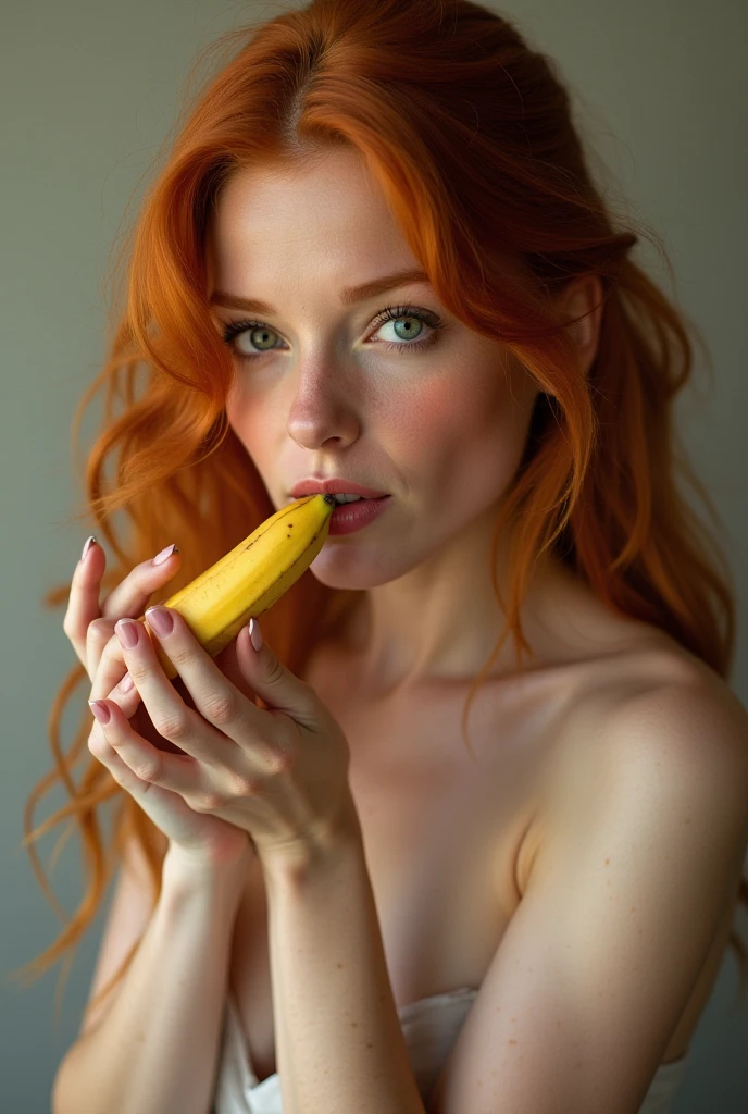 ultra realistic, photography, long red hair, girl, 24 years old, hourglass figure, perfect body, natural small breasts, Flirty look, extremely detailed artgerm, in the style artgerm, facing the camera, lens 35 mm, blur background, she is sitting in bed, she is naked, she is holding a peeled banana, she is licking the side of the peeled banana with her tongue, saliva is running down the side of the banana