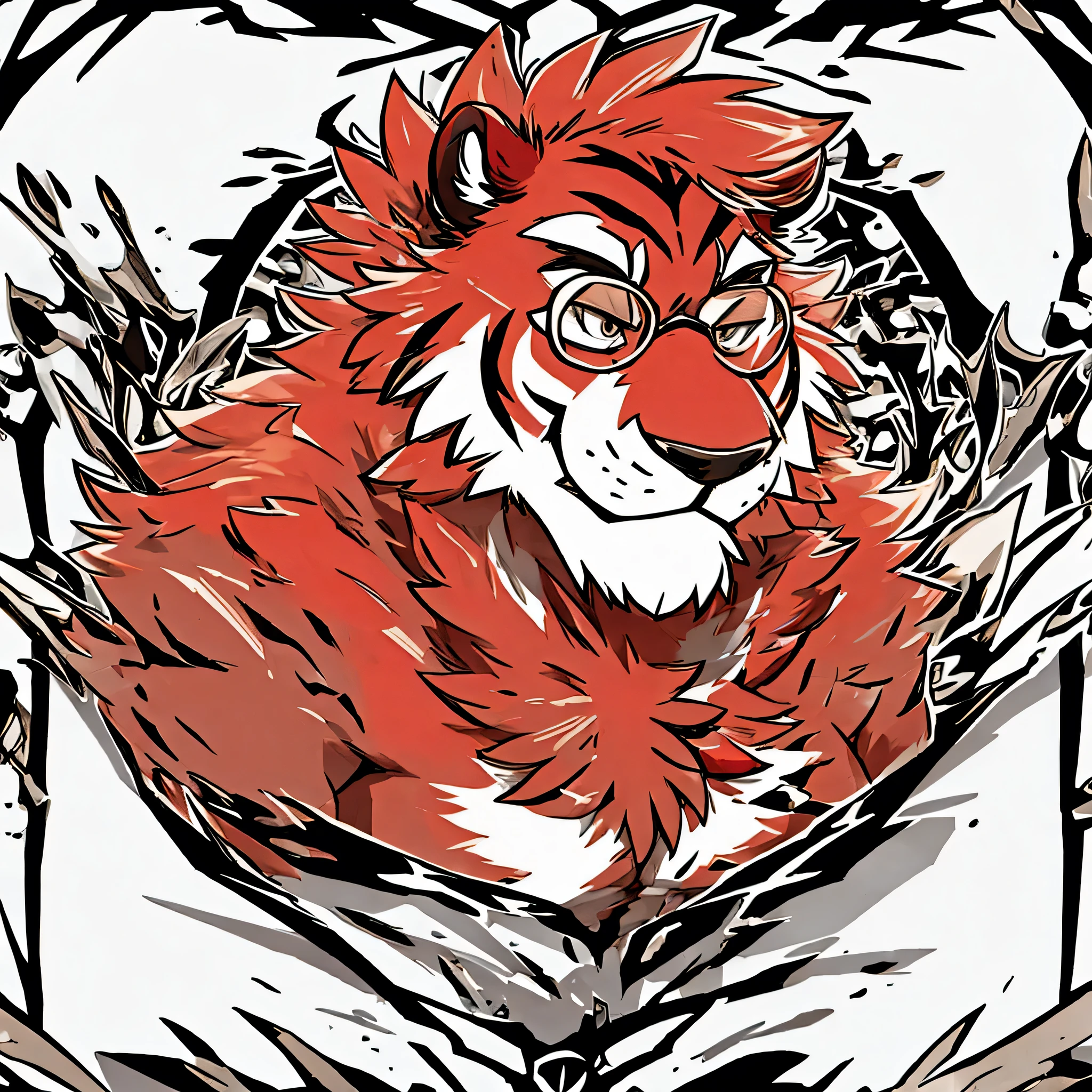 (red fur:2), (red skin), (tiger), (Black-rimmed glasses:1.3), Humanity, barefoot, bare chest, strong thigh, simple background, print style, Artist:Takemoto Arashi, paw pads details, Avatar picture, Profile picture