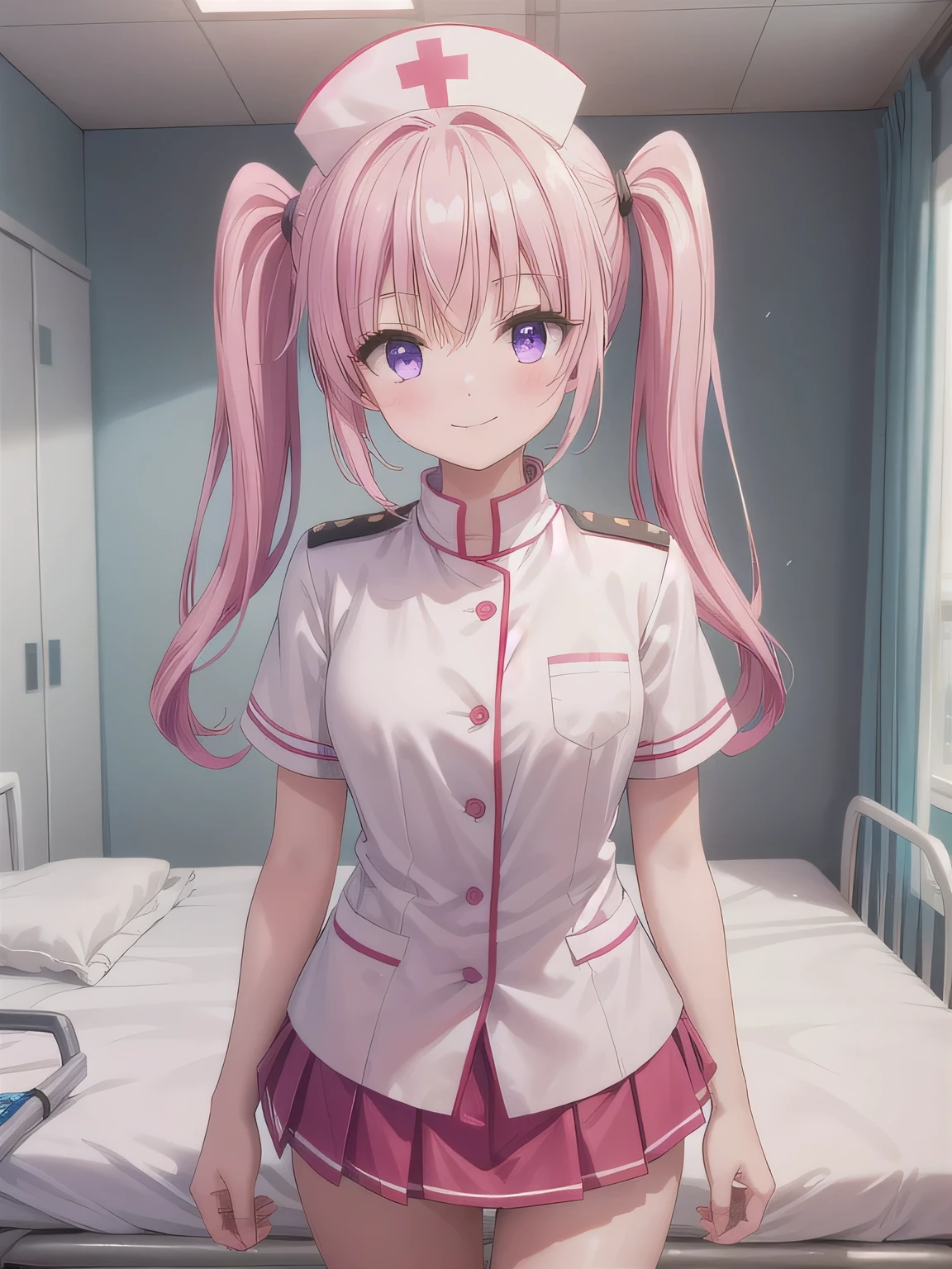 Depict a 20-year-old, very beautiful woman in a hospital room. She is wearing a nurse cap and a mini-skirt style white uniform. Her expression is shy, and she is smiling gently. The setting includes medical equipment and furnishings typical of a hospital room, with soft lighting to create a warm and welcoming atmosphere. long hair, pink hair , twin tails, o,bangs, purple eyes.