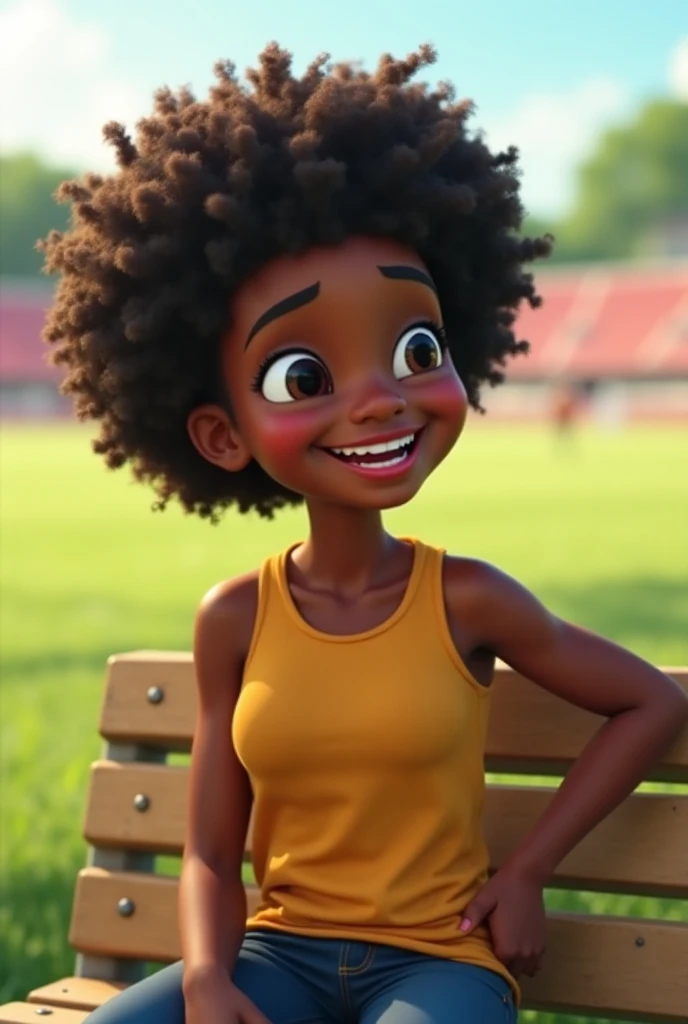 3d character, 1girl, dark ebony skin, tomboy with very short blonde hair with a red eye color, thin nose, front position with a thin body, full body and smiling, tomboy, blue sport shirt, red sport short, socks, sneakers, sitting in a bench , sports park, 