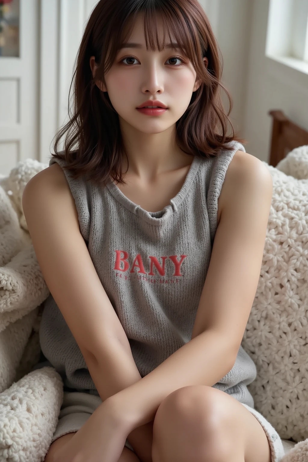 pastel colors t-shirt,off-shoulder look,bare shoulder,ollarbone,midriff peek,short shorts,,(open mouth:1.5),(tongue out:2),lying,hand between legs,overhead shot,front view,face focus,(1girl,Beautiful 14 year old girl,ager),((Slender,Small breasts,Small face,)),(looking at viewer),Black Hair,bangs,one side up,Beautiful and detailed,(Dimly lit room:1.5),White bed,pillow,Mischievous smile