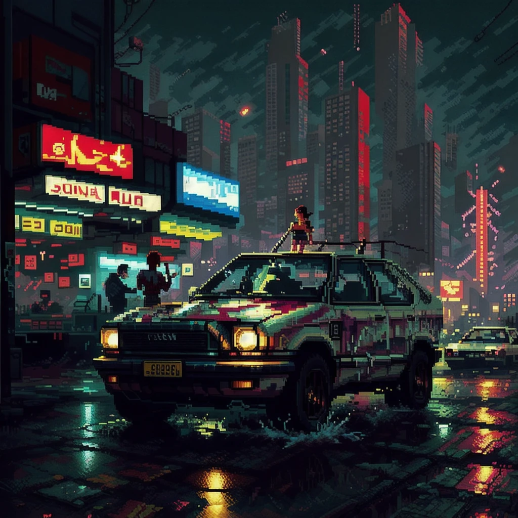 (( Game Pixel Art )),  mix 4,(8k,  RAW photo,  best quality , Masterpiece:1.2), ( realistic, photo- realistic:1.37), 1 girl, is cute ,Cityscape,   knight , rain,  wet, professional lighting ,  photon mapping,  radiosity、SUV,  physics-based rendering,  full body,thighhighs,  leg summary  , , 重い, bright red sky , cyberpunk、 