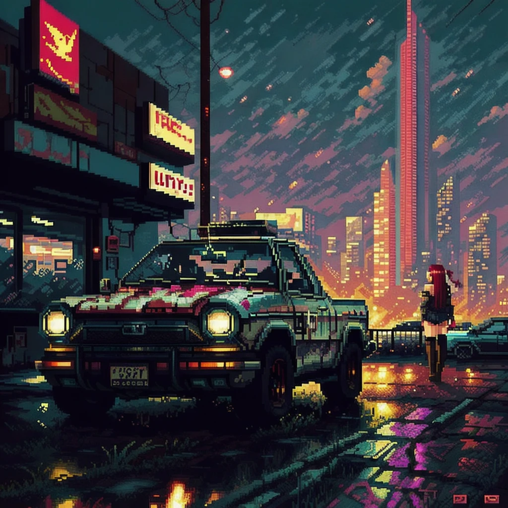 (( Game Pixel Art )),  mix 4,(8k,  RAW photo,  best quality , Masterpiece:1.2), ( realistic, photo- realistic:1.37), 1 girl, is cute ,Cityscape,   knight , rain,  wet, professional lighting ,  photon mapping,  radiosity、SUV,  physics-based rendering,  full body,thighhighs,  leg summary  , , 重い, bright red sky , cyberpunk、 