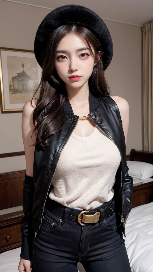 Masterpiece, highres, high Quality, detailed face, detailed body render, 1girl, solo, hyuuga hinata, hinata-sleeveless-outfit, large breasts, big breast, sleeveless shirt, fishnet top, dark lips, unzipped jacket, no bra, breasts out, nipple, standing, blushes, (on bedroom), H1N4T4,
