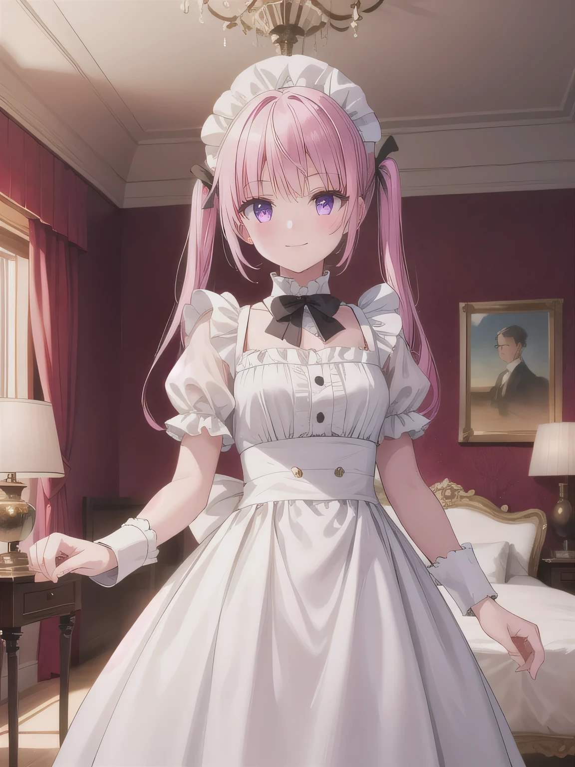 Depict a 20-year-old, very beautiful woman in a luxurious mansion room. She is dressed in a classic black-and-white maid outfit with a short hem and wearing a white brim cap. Her expression is confident, and she is smiling warmly. The setting includes elegant furnishings and decor typical of a grand estate, with soft, natural lighting to enhance the sophisticated atmosphere. long hair, pink hair , twin tails, o,bangs, purple eyes.