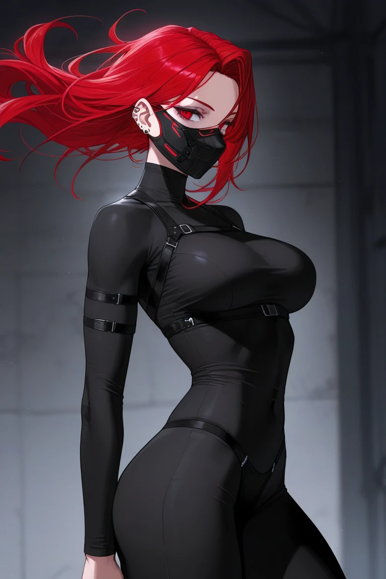 1girl,solo,super detailed skin,shiny skin,expressionless face,lips gloss,eyelashes,glowing red eyes,red hair,blunt bangs,sidelocks,a braid,large breasts,body suit,Shinobi clothes,fishnet, Black boots,standing ,simple background ,masterpiece,best quality,ultra detailed,high resolution,sharp focus,depth of field