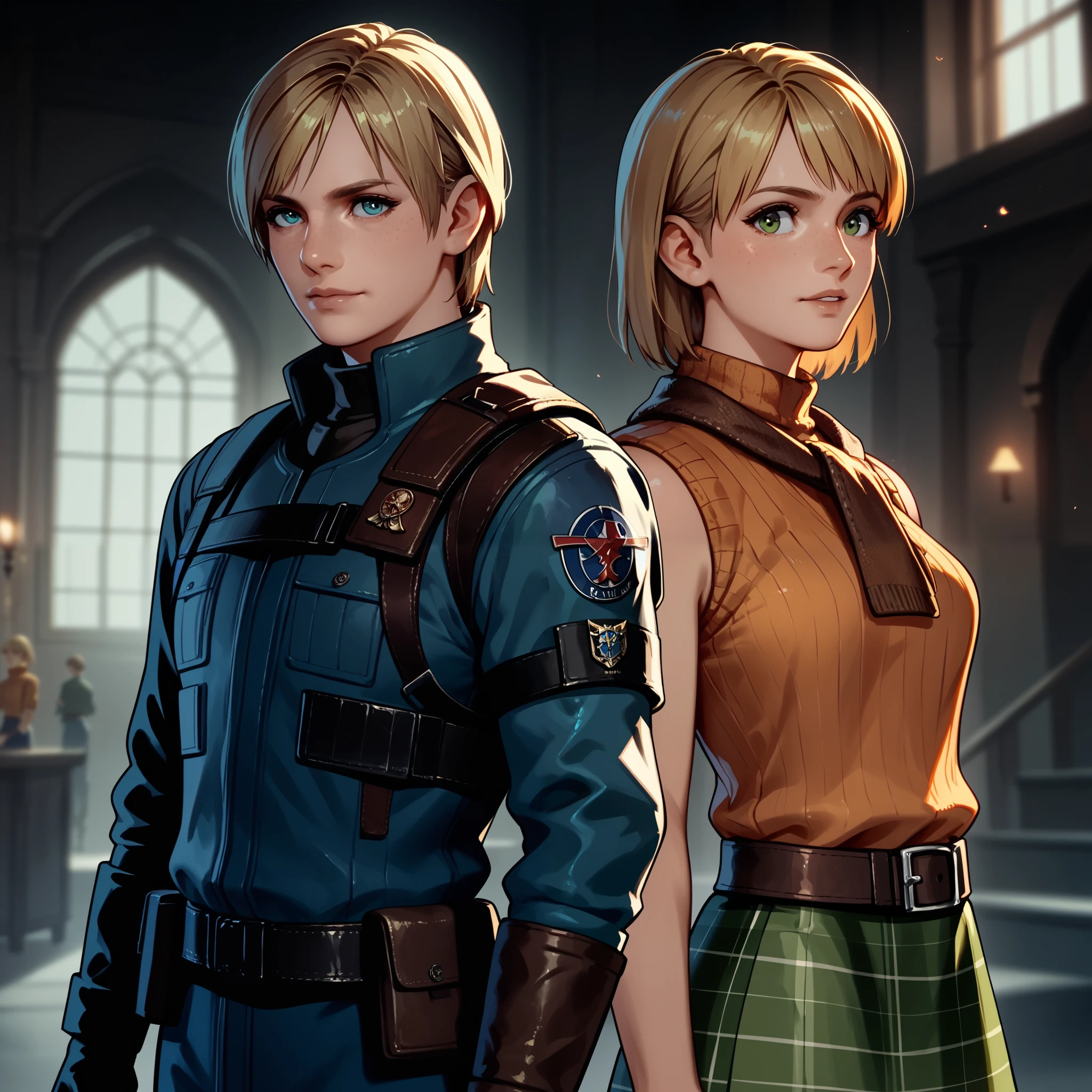 Anime concept art, dark fantasy, two person, a woman Ashley graham and man Leon S. Kennedy, Ashley Graham from resident evil 4, (Ashley Graham cute), Ashley's  lovely outfit, resident evil 4 concept art, (Leon S Kennedy fitness)