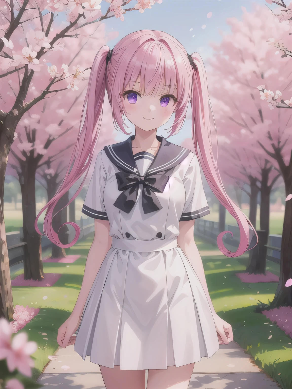 Depict a 20-year-old, very beautiful woman standing under a row of fully bloomed cherry blossom trees. She is dressed in a classic black-and-white sailor-style outfit with a short hem. Her cheeks are slightly flushed, and she is smiling gently, radiating a cheerful and charming aura. The background is filled with vibrant pink blossoms and soft natural light, creating a serene and picturesque scene. long hair, pink hair , twin tails, o,bangs, purple eyes.