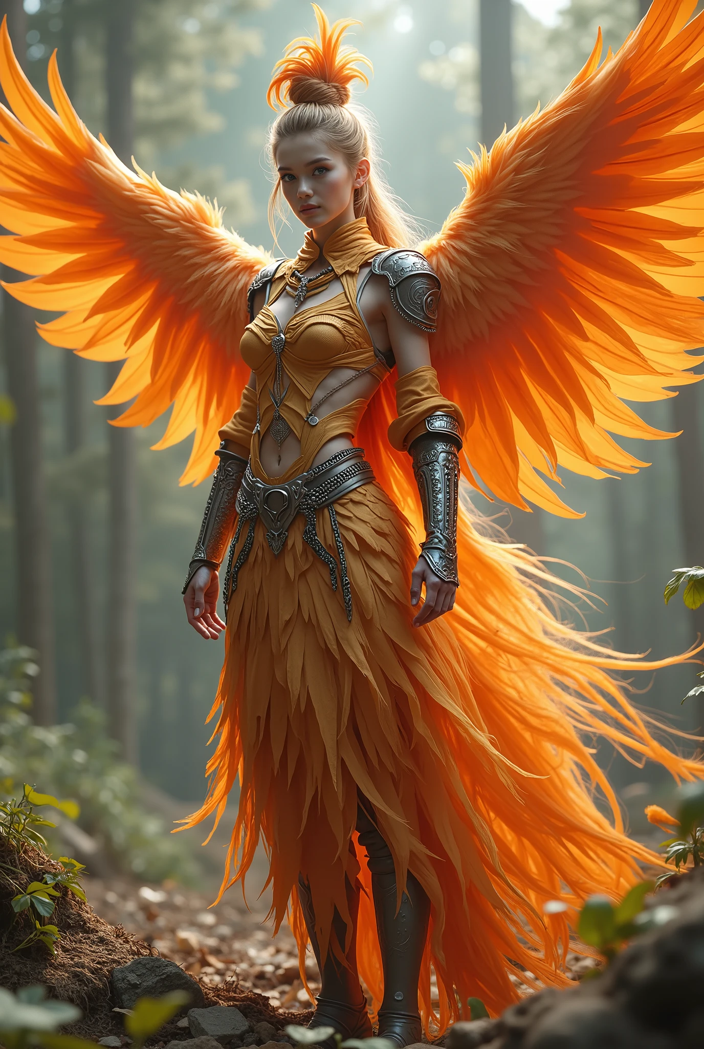 (8k, top quality, Masterpiece), ( realistic , photo realistic : 1.37), tall Highly detailed , one girl , {Feather armor that covers the whole body 、 Phoenix Knight} Very delicate depiction 、 realistic要素と幻想的要素を組み合わせた複雑な模様の鎖帷子と着物を融合した鎧 , with an intricate pattern chain , Braided Chain 、World of Reality and Illusion ( Swirling Fire Cloak :1)、 stare at the camera 、 in the forest 、Spread your wings、Floating in the sky