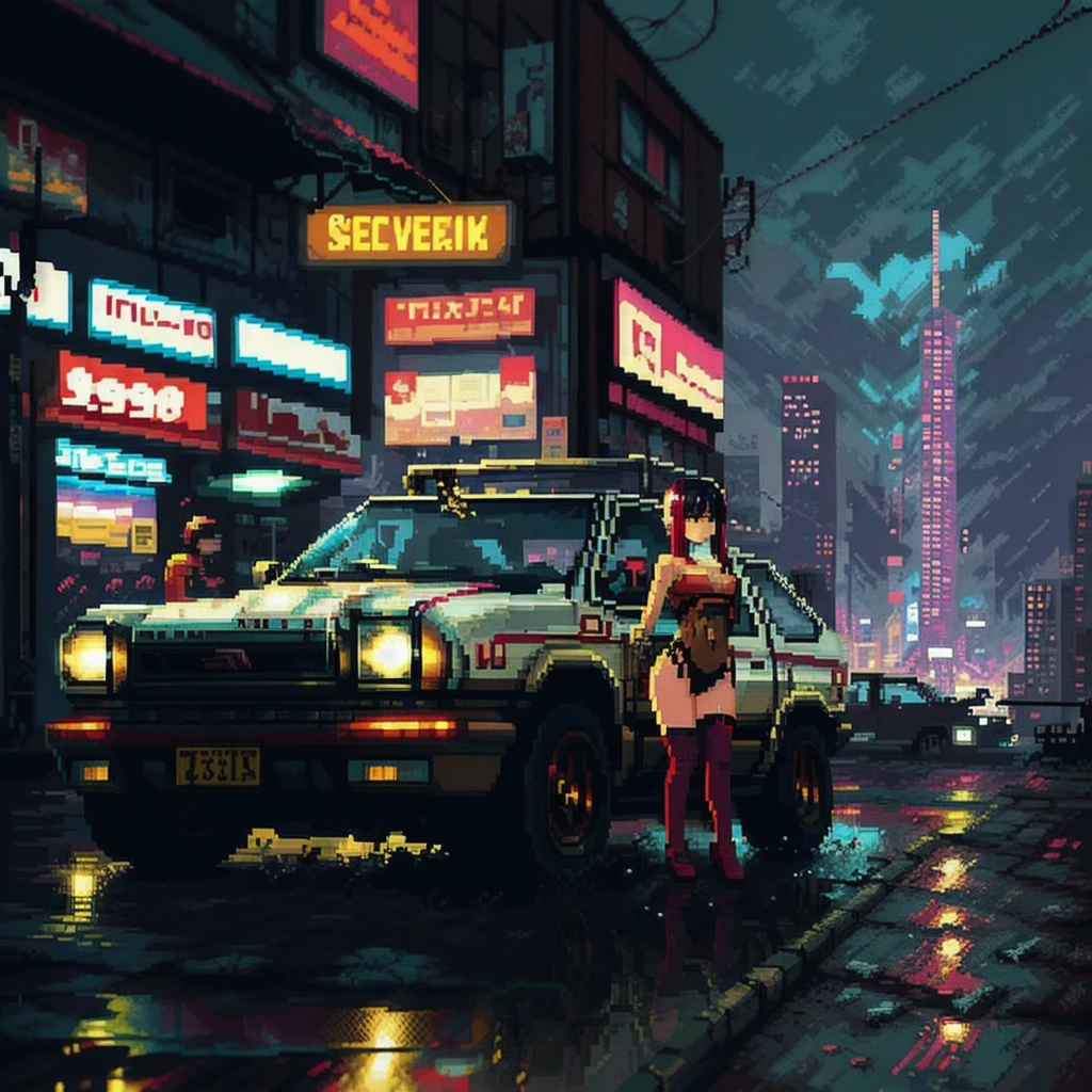 (( Game Pixel Art )),  mix 4,(8k,  RAW photo,  best quality , Masterpiece:1.2), ( realistic, photo- realistic:1.37), 1 girl, is cute ,Cityscape,   knight , rain,  wet, professional lighting ,  photon mapping,  radiosity、SUV,  physics-based rendering,  full body,thighhighs,  leg summary  , , 重い, bright red sky , cyberpunk、 