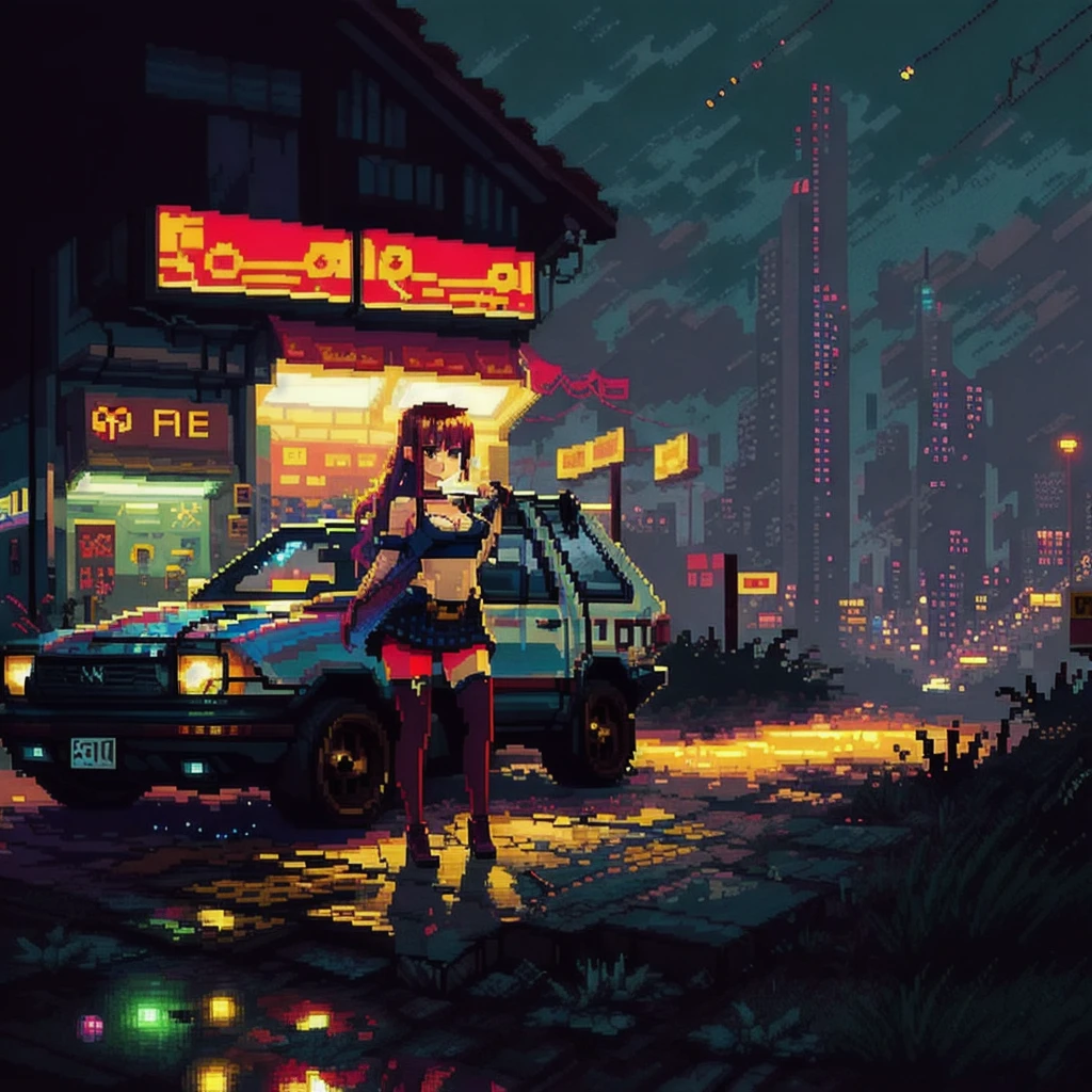 (( Game Pixel Art )),  mix 4,(8k,  RAW photo,  best quality , Masterpiece:1.2), ( realistic, photo- realistic:1.37), 1 girl, is cute ,Cityscape,   knight , rain,  wet, professional lighting ,  photon mapping,  radiosity、SUV,  physics-based rendering,  full body,thighhighs,  leg summary  , , 重い, bright red sky , cyberpunk、 
