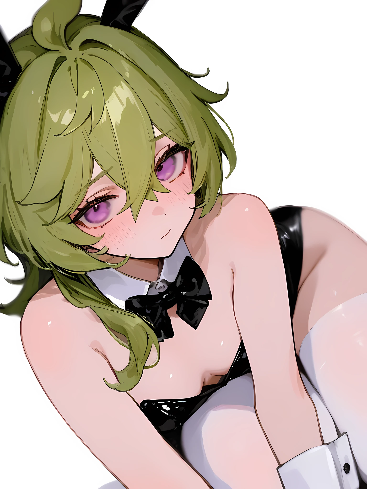 NSFW,masterpiece,Highest quality,High resolution,Super detailed,Uber\(Funeral of Frieren\),Green Hair、bangs、Hair between the eyes、Side Ponytail、Purple Eyes、choker、Playboy Bunny,clavicle,Embarrassed,blush,Luxurious Room,pub,Private room,sofa,heart,Sexy pose,(Noble men),Being spoiled,Lean on,(Obedience),Naughty pranks,Sexual harassment,(Seduce)