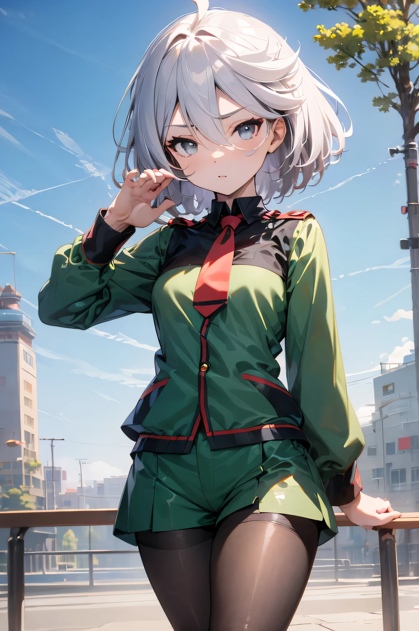 NSFW,1girl,boy,handjob,cum face,miorineRembran,
miorine rembran,
asticassia school uniform,
Torn shorts,
Grey Eyes, Grey Hair, Ahoge, Seamed legwear, torn Green shorts, tie, bangs, Hair between the eyes, Black Pantyhose,white decorated panties,Long sleeve, Green jacket, red tie, , (natural side lighting, movie lighting), outdoor,city,masterpiece ,8k unity wallpaper,anime key visual,highest quality, High resolution, unity 8k wallpaper, (shape:0.8), highly detailed face,highly detailed eye,glowing eyes , shiny skin,fine skin,white skin,dense skin,detailed hair,highly detailed legs,perfect lighting, Detailed CG, (perfect hands, perfect anatomy),High resolution,(Detailed wear ),slender limbs, delicate curves, dainty hands,figure:0.8,