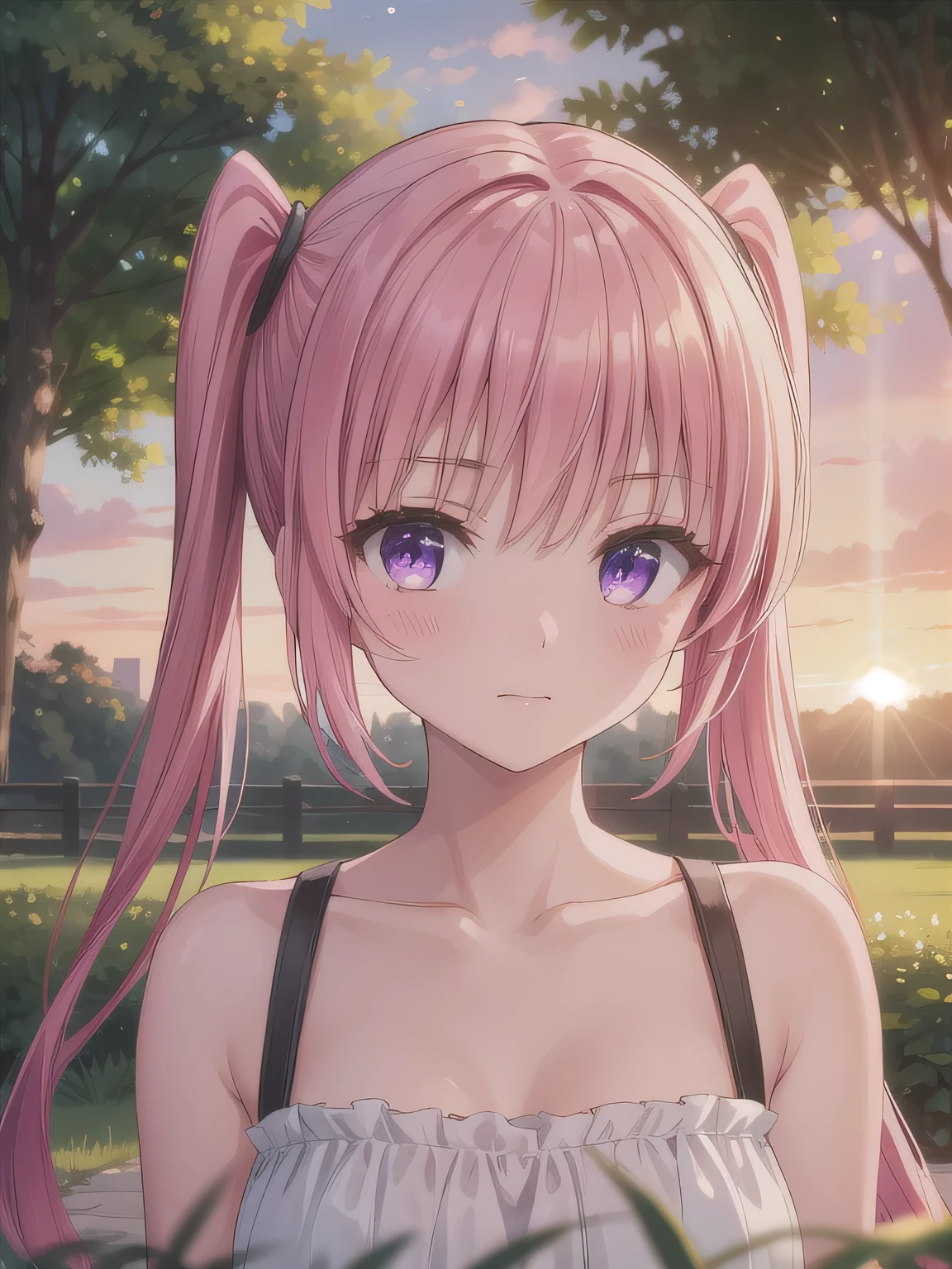 Depict a 20-year-old, very beautiful woman standing in a lush, green park at sunset. The warm light of the evening sun bathes the scene in a golden glow. She is facing forward, her eyes gently closed, her cheeks slightly flushed, and her face tilted slightly upward as if anticipating a kiss. The atmosphere is serene and romantic, with the soft colors of the sunset complementing the tranquil surroundings. 1 woman。long hair, pink hair , twin tails, o,bangs, purple eyes.