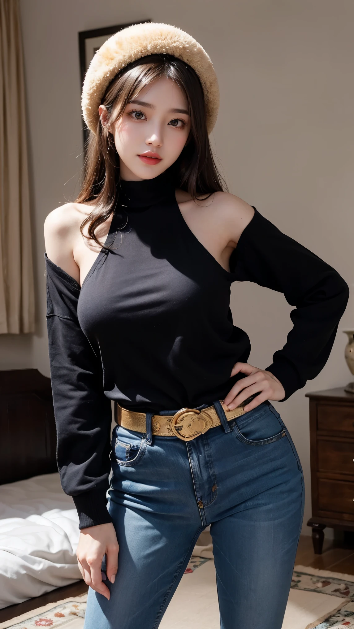 Beautiful 20-year-old brunette girl wearing a black one-shoulder short blouse and high-waisted pants with a belt showing her navel