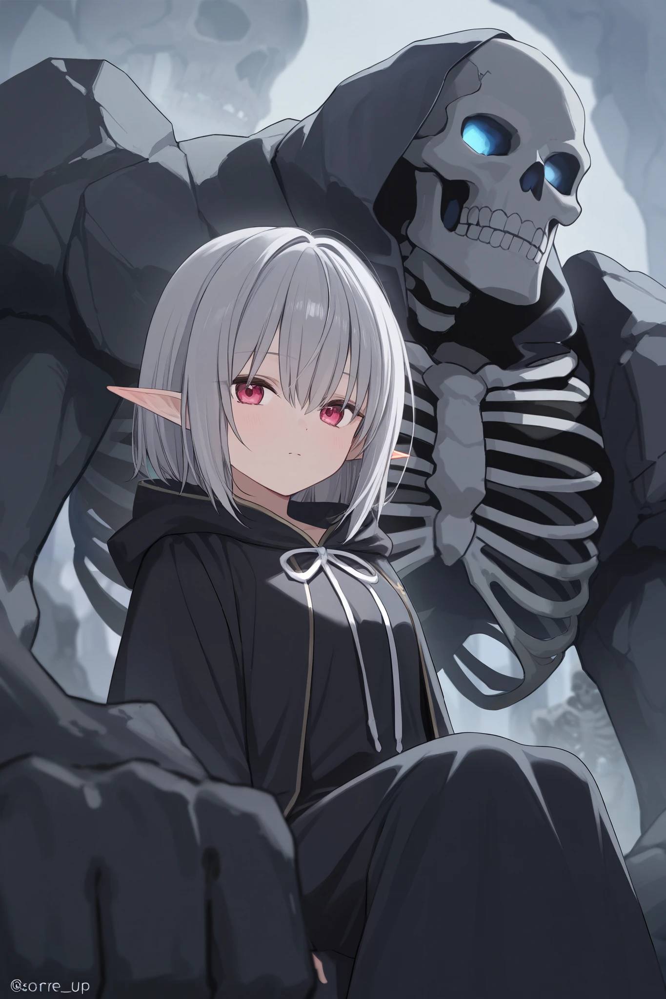  Dark Elf Girl with short grey hair,Black robe,Skeleton Golem 
