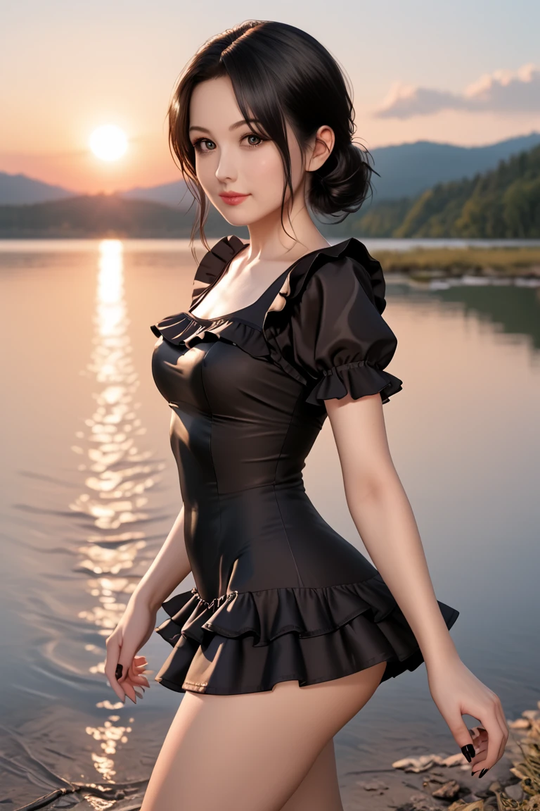masutepiece, Best Quality, Illustration, Ultra-detailed, finely detail, hight resolution, 8K Wallpaper, Perfect dynamic composition, Beautiful detailed eyes, Natural Lip, medium breasts, braless,cleavage, Random sexy poses, full body, maid uniform, lying the stream ( wet skin, wet clothes), black hair