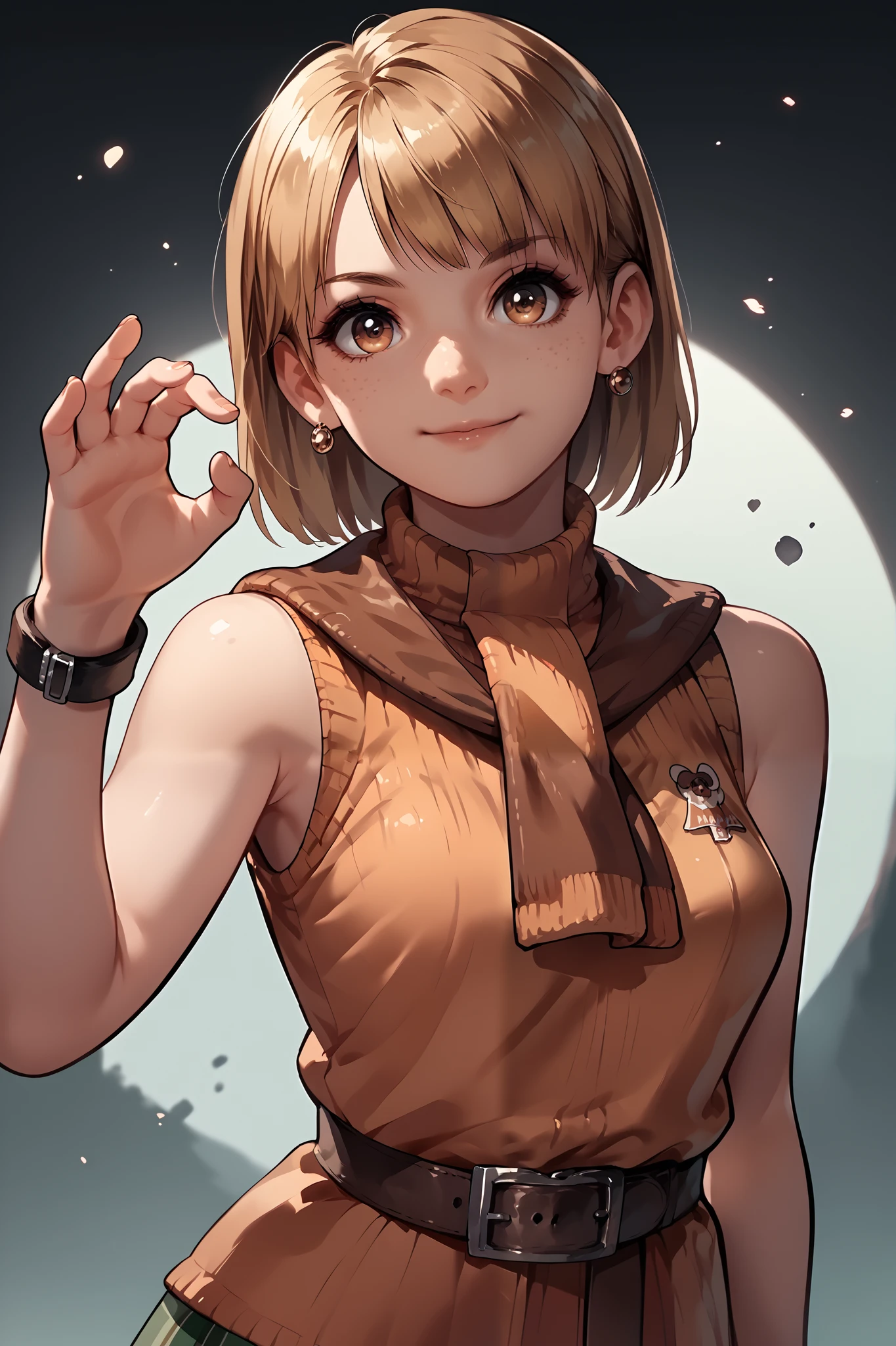 Anime concept art, dark fantasy, Ashley graham, Ashley Graham from resident evil 4, cute, Ashley's sexy outfit, sleeveless, cute pose, resident evil 4 concept art