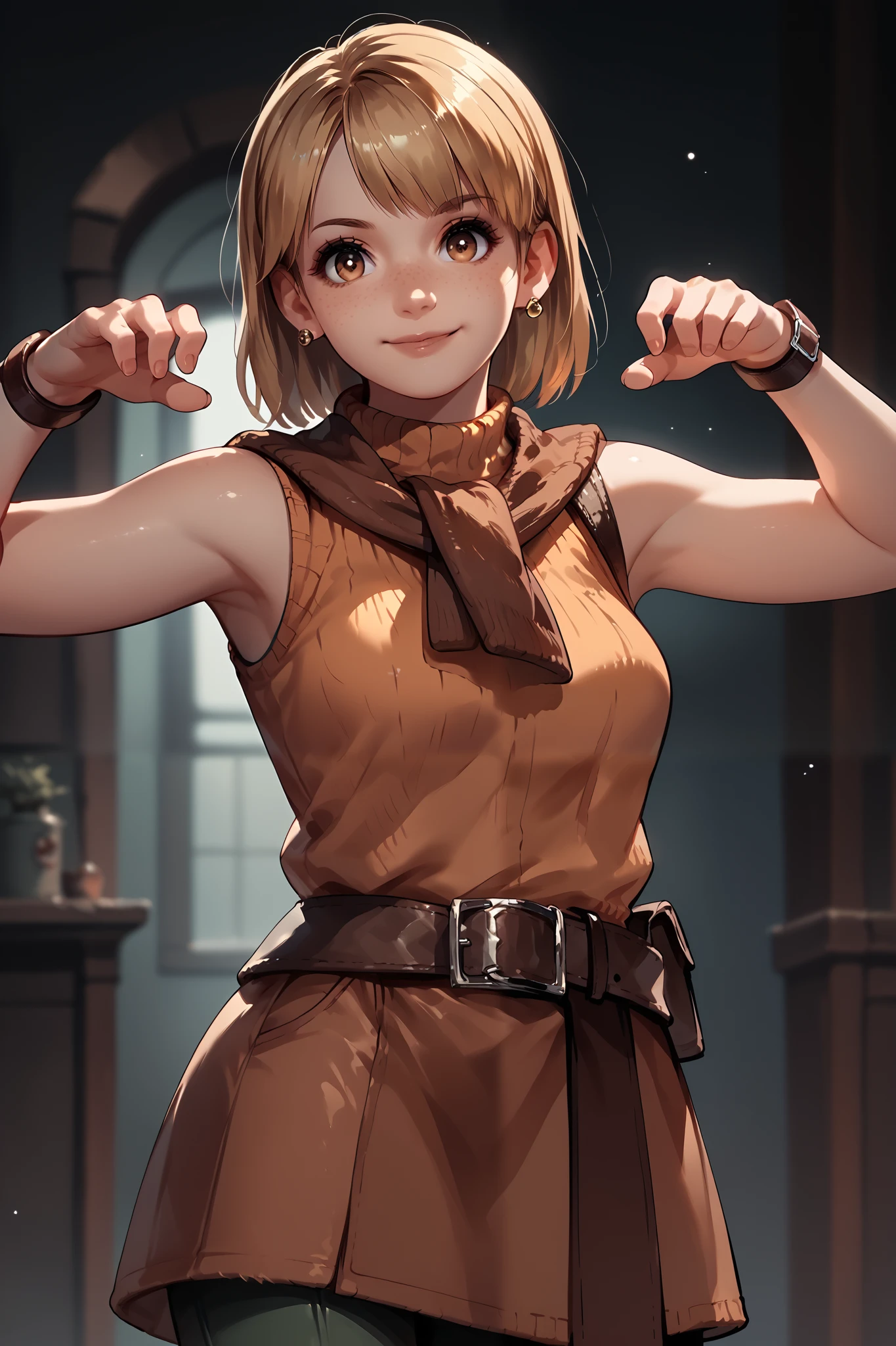 Anime concept art, dark fantasy, Ashley graham, Ashley Graham from resident evil 4, cute, Ashley's sexy outfit, sleeveless, cute pose, resident evil 4 concept art