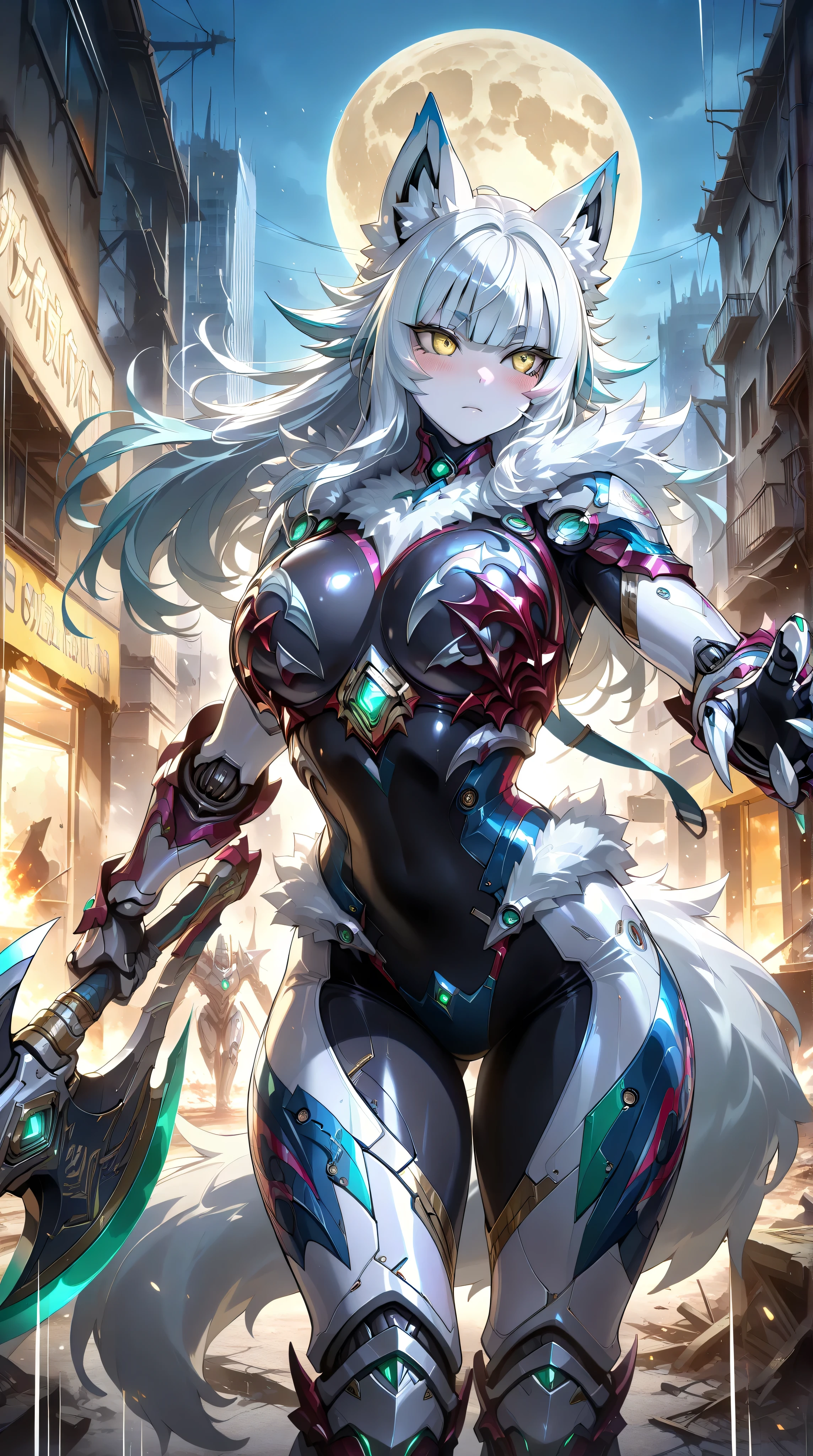 masterpiece,best quality,official art,extremely detailed CG unity 8k wallpaper,extremely detailed background, fantasy art, intricate details, (Sci-fi style), (Mechanical style),1girl,huge_breasts,Mechanical body,mechanical parts,mecha corset,robot joints,mechanical arms,(whole body),thick thighs,lustrous skin,shiny skin,pale skin
(white mastiff armor),(white fur trim),(white intricate mechanical bodysuit),white Functional clothing,dog ears,dog tail,(white claw bra:1.4)
outdoor,building_ruins,burning city,black night,full moon
expressionless,blush,standing,Wielding a axe,cleaving,incoming cleave,incoming attack,dynamic angle,speed line,motion lines,bouncing-breasts,unaligned-breasts
yellow eyes,detailed beautiful eyes,finely detailed eyes
(white hair,crew cut,blunt_bangs,hair_between_eyes,reflective hair,