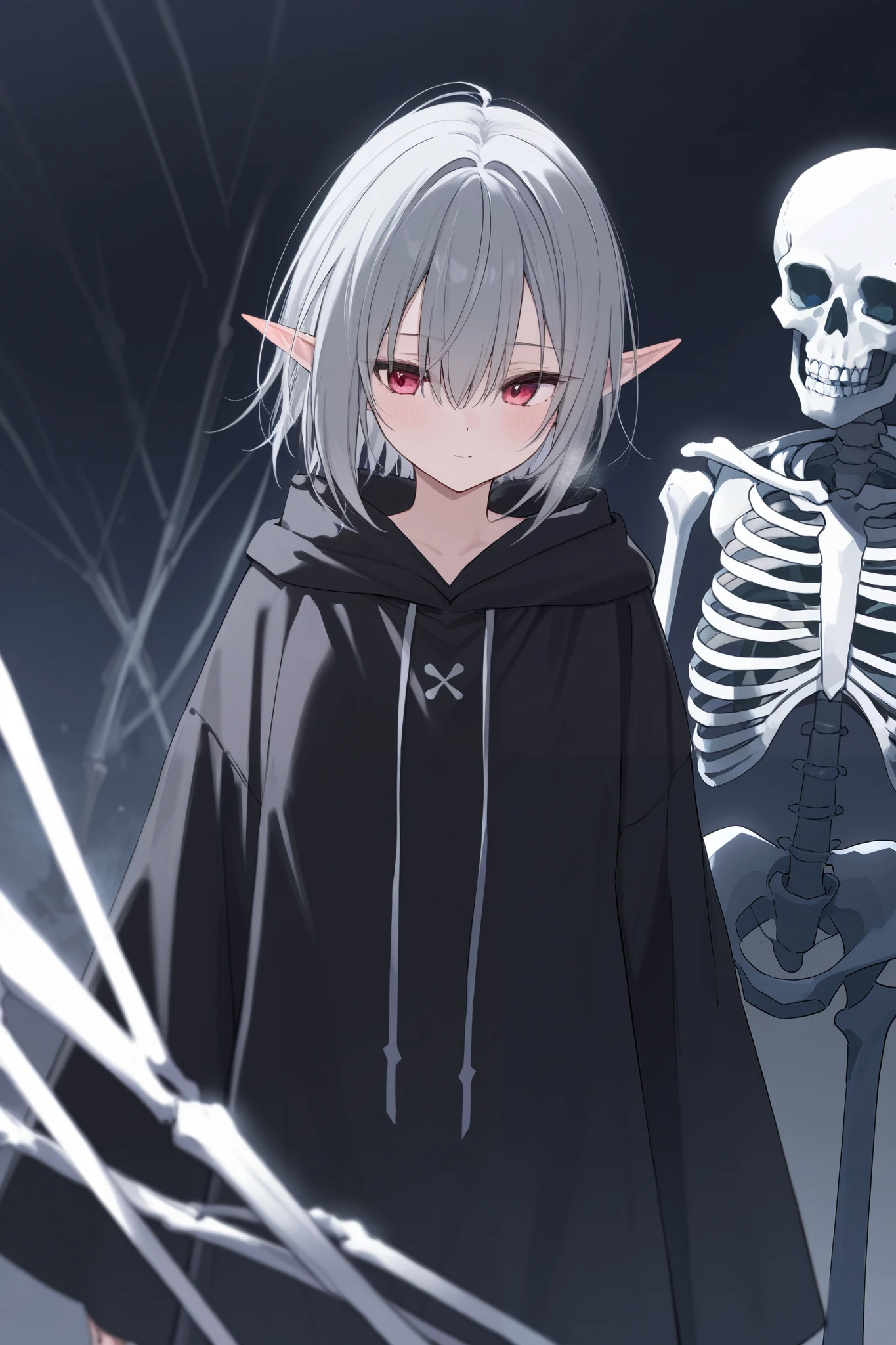  Dark Elf Girl with short grey hair,Black robe,Skeleton companion