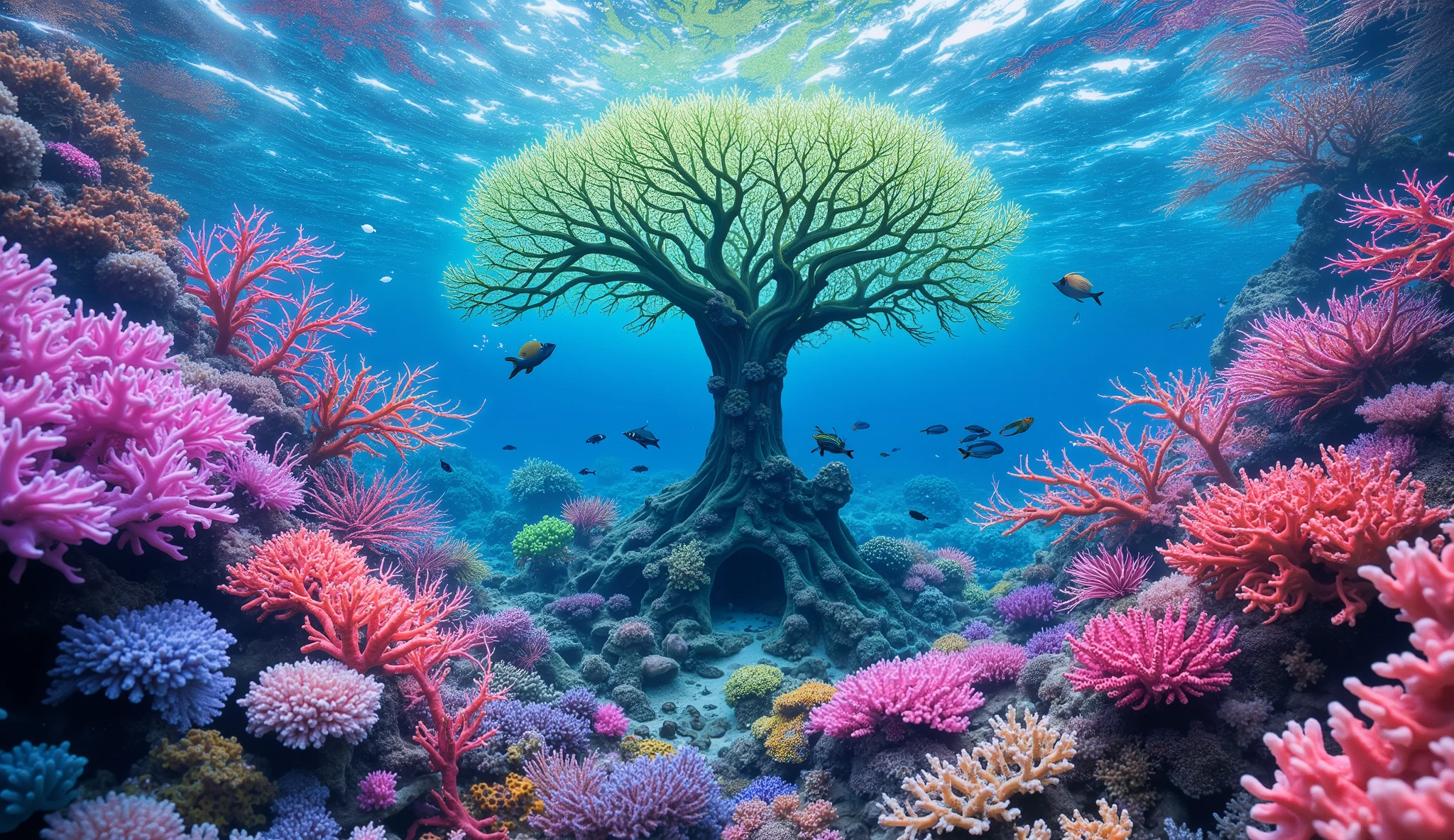 (In the water), Undersea heaven ,((A huge table coral with many fluorescent green branches that look like giant trees rises in the center)),(( coral reefs with dense hard corals and soft corals )),Realistic Expression , shot with a fisheye lens  ,(( Multiple Fluorescent Green Corals )), (( are filled with 10,000 natural coral groups with lots of extremely colorful colors)), (Lots of butterfish are swimming ),(( lots of green and blue soft corals that emit fluorescent colors )), crystal clear water, , strong sunshine ,Vast coral reefs ,Detailed seaweed ,( lots of colorful tropical fish), large blue tropical fish , myriad cobalt sparrows , seahorses, lots of psychedelic starfish on the seabed , life,  lively colors, Serene atmosphere, Quiet, Swaying seaweed ,  array of vibrant colors ) , ( best quality , high resolution:1.2), (In the water photography), ( lively), (  soft diffused lighting  ), Orchestra of Highly Coloured Corals, Vast Seas ,Coral Reef,