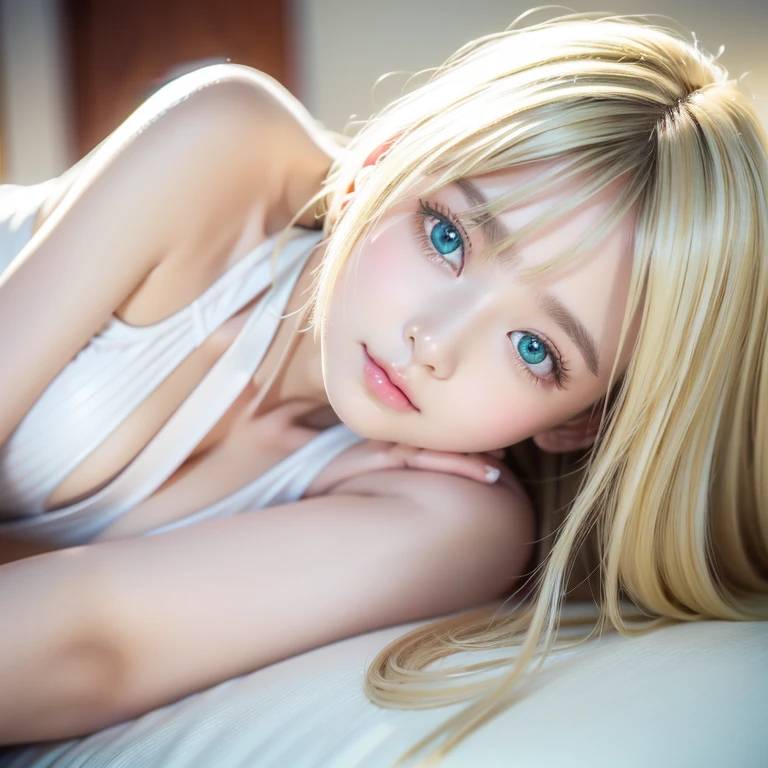 A very white and beautiful 20 year old blonde girl、masterpiece, highest quality, figure, Ultra-fine detail, Natural platinum blonde with a natural shine、Super long straight silky hair、Super long Rapunzel hair、Hair tangled all over the body、Messy bangs on the eyes,、Face-covering bangs、bangs、High resolution, 8K TV Wallpaper, Perfect dynamic composition, Beautifully detailed large light blue eyes , Very big eyes、of hotel(bed)、Small Face Beauty、Round face、On all fours、double eyelid