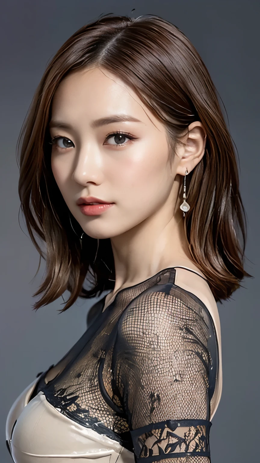 ((Realistic lighting, best quality , 8k, Masterpiece: 1.3)), clear focus : 1.2, 1 girl, perfect body beauty: 1.4, slim abs: 1.1, (( dark brown hair , big breasted : 1.3)), ( Body paint finish , transparent solo mesh china dress: 1.4), ( simple gray background : 1.1),body paint dress, whole body, long legs , simple gray background , very detailed face, beautiful eyes, double eyelids