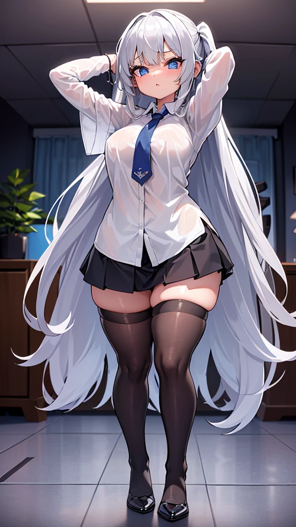 One Girl, Five Fingers, mini skirt, Looking down at the viewer, Black Hairロングヘアー, Highest quality, Focus on the thighs, Dynamic pose, smile, blazer, blouse, Black Pantyhose, panties under pantyhose, Standing Split, classroom, Black Hair, Stylish pose,My thighs and groin are steamy
