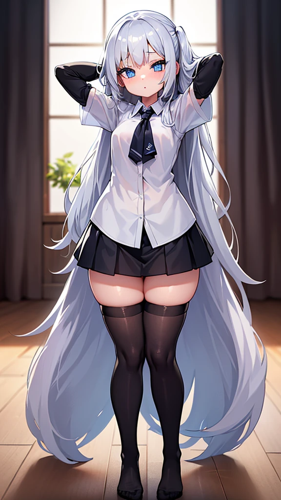 A girl with long wavy white hair, front, side braids, two long, small black bows, and she is wearing a black demon horn and blue eyes, and she is wearing a gray jacket with a bright blue line and a short metallic black skirt underneath.