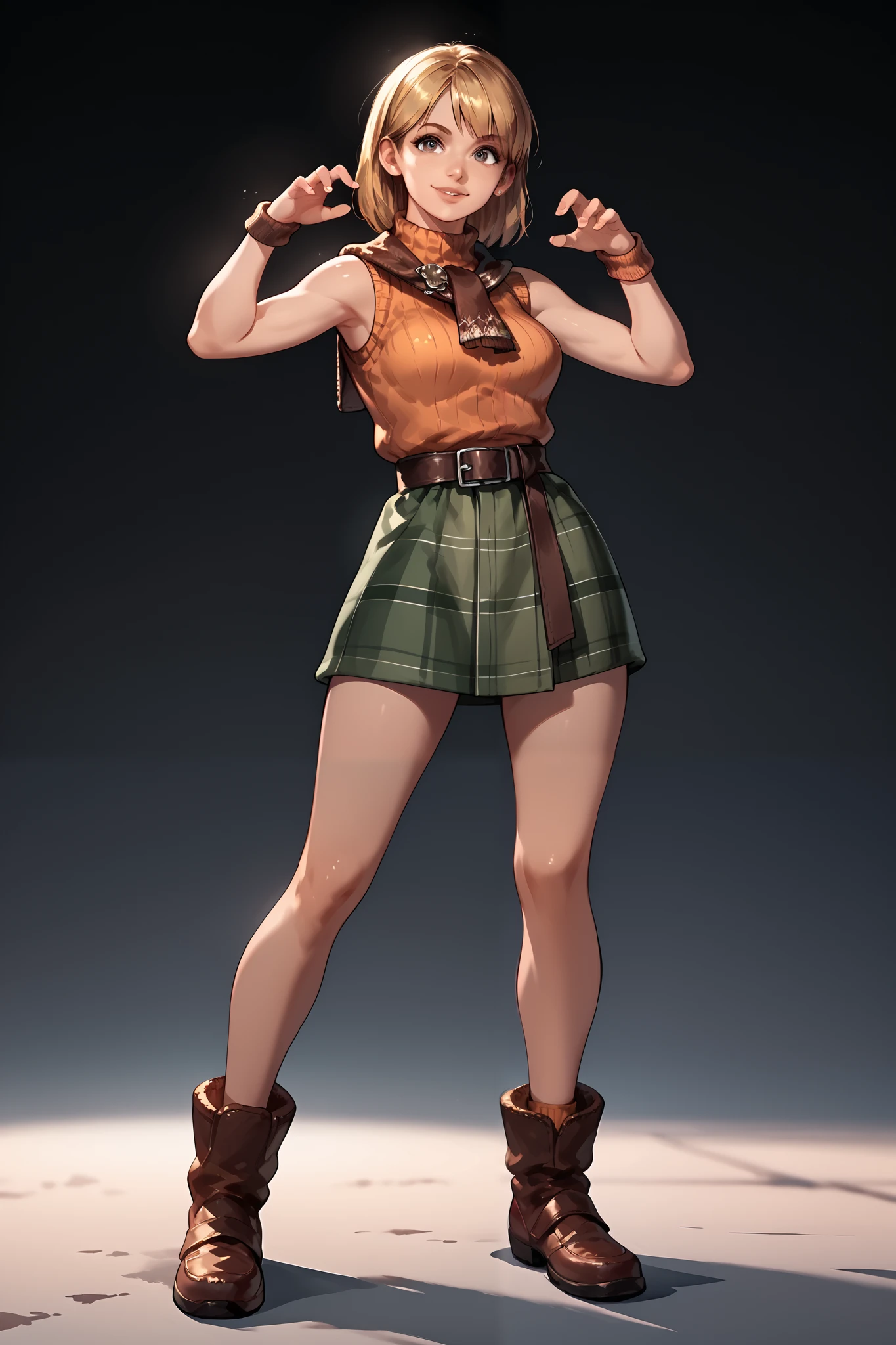 Anime concept art, dark fantasy, Ashley graham, Ashley Graham from resident evil 4, cute, Ashley's sexy outfit, thin waist, medium breasts, sleeveless, cute pose, full body view, fullbody overview, resident evil 4 concept art