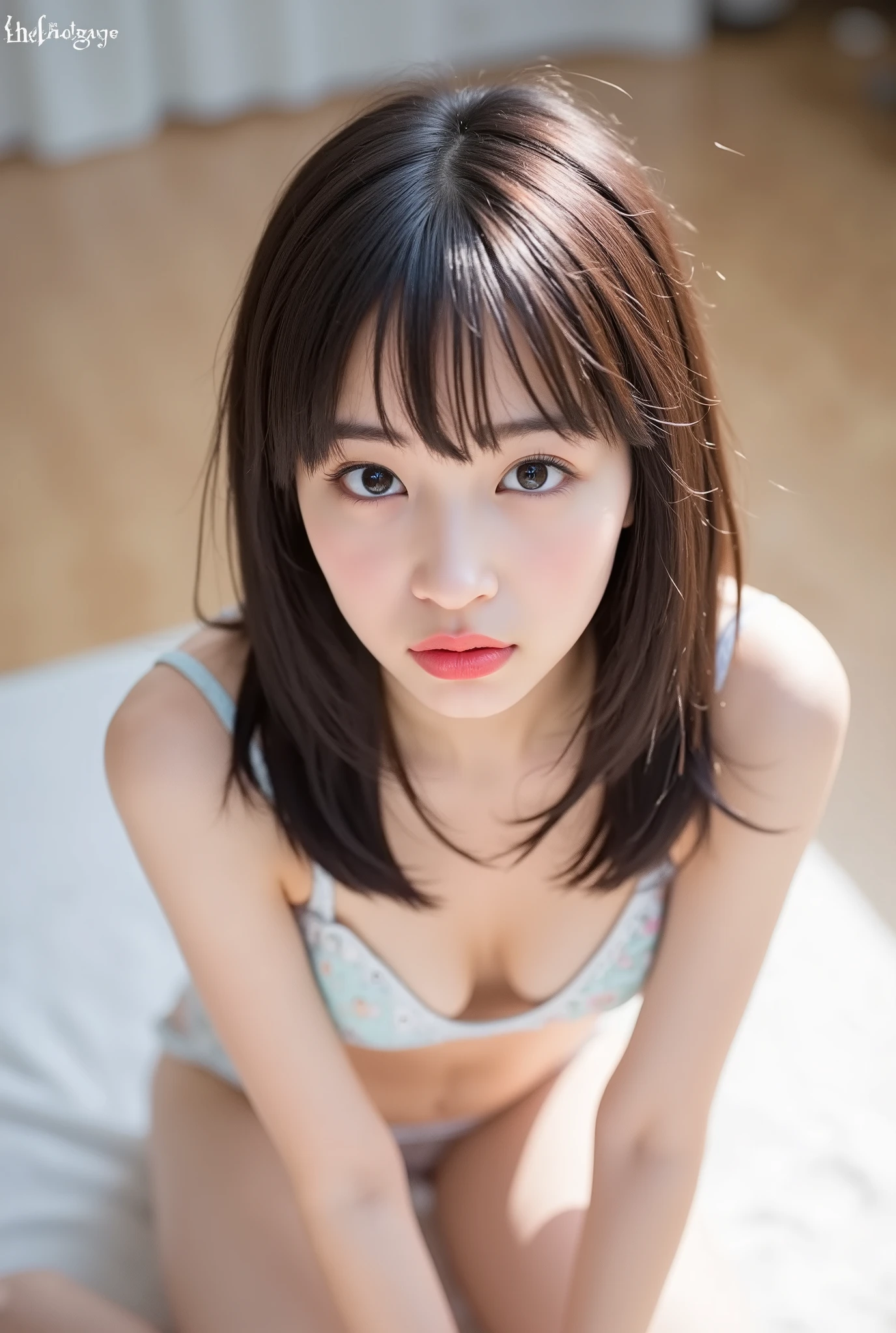 (Hyper Reality: 1.35), (Realistic: 1.4), Charming little eyes:1.4, Small Mouth,  A beautiful Japanese woman, The expression of ecstasy at its peak, masterpiece, 最high quality, high quality, very good, Puberty,  ((Small face)), ((最high quality)),((Very delicate and beautiful)), (((Unbelievably absurd))), dark brown hair, blowing boyish shag messy hair, wolf cut, Focus on women, Soft lighting, (blurred background), (()), ((Baby Face)),p, whole body,  Low Leg Panties, Squirming with thighs and knees closed,