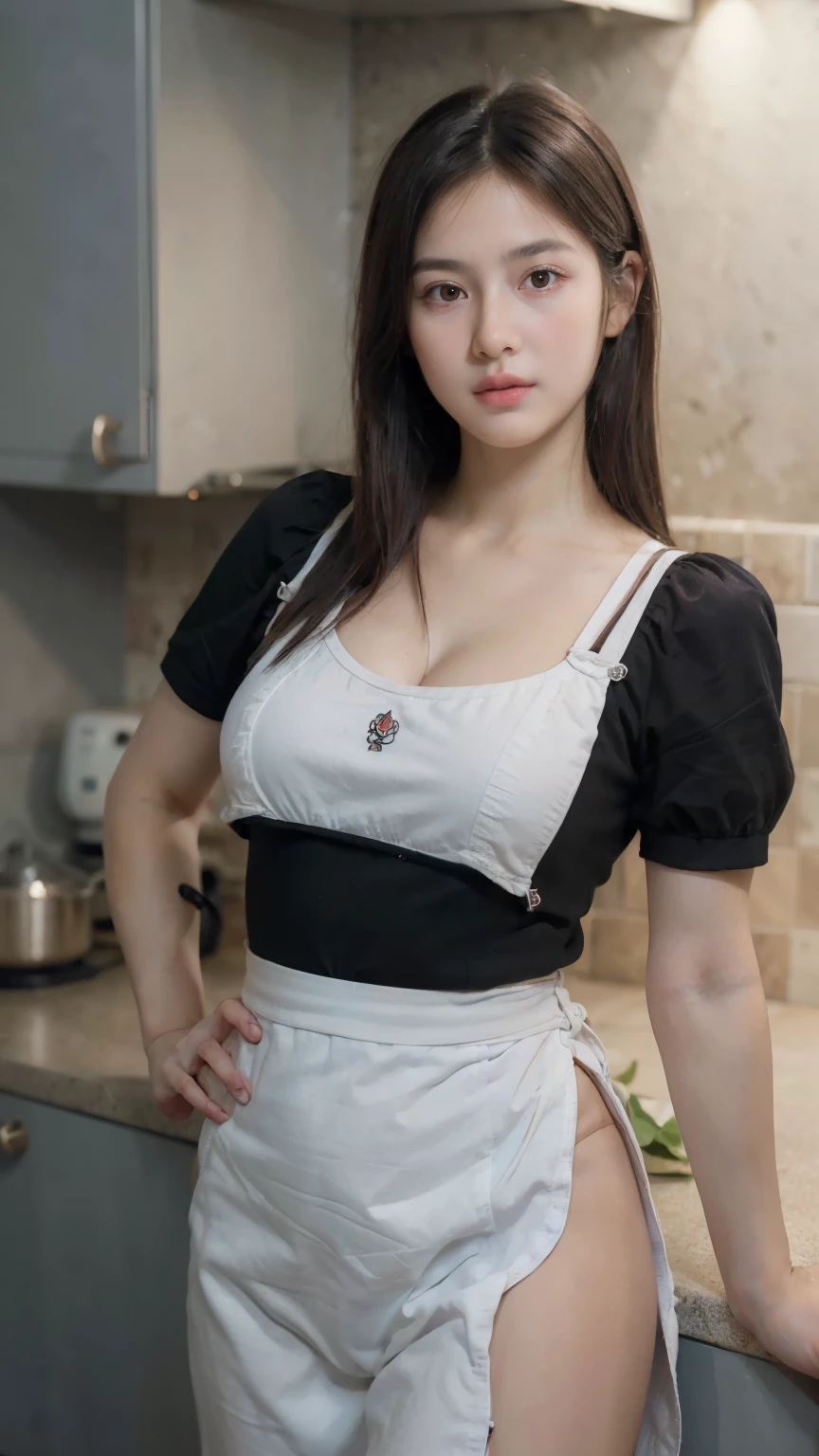 Cool beauty，20 y.o.,Looks sweet，(updo hairstyle), wearing only  red strap on apron, off-shoulders, show cleavage, show big thigh, plump body, huge breast, full body photo, standing pose. Wearing cute headband. Front view. In coffee shop.
