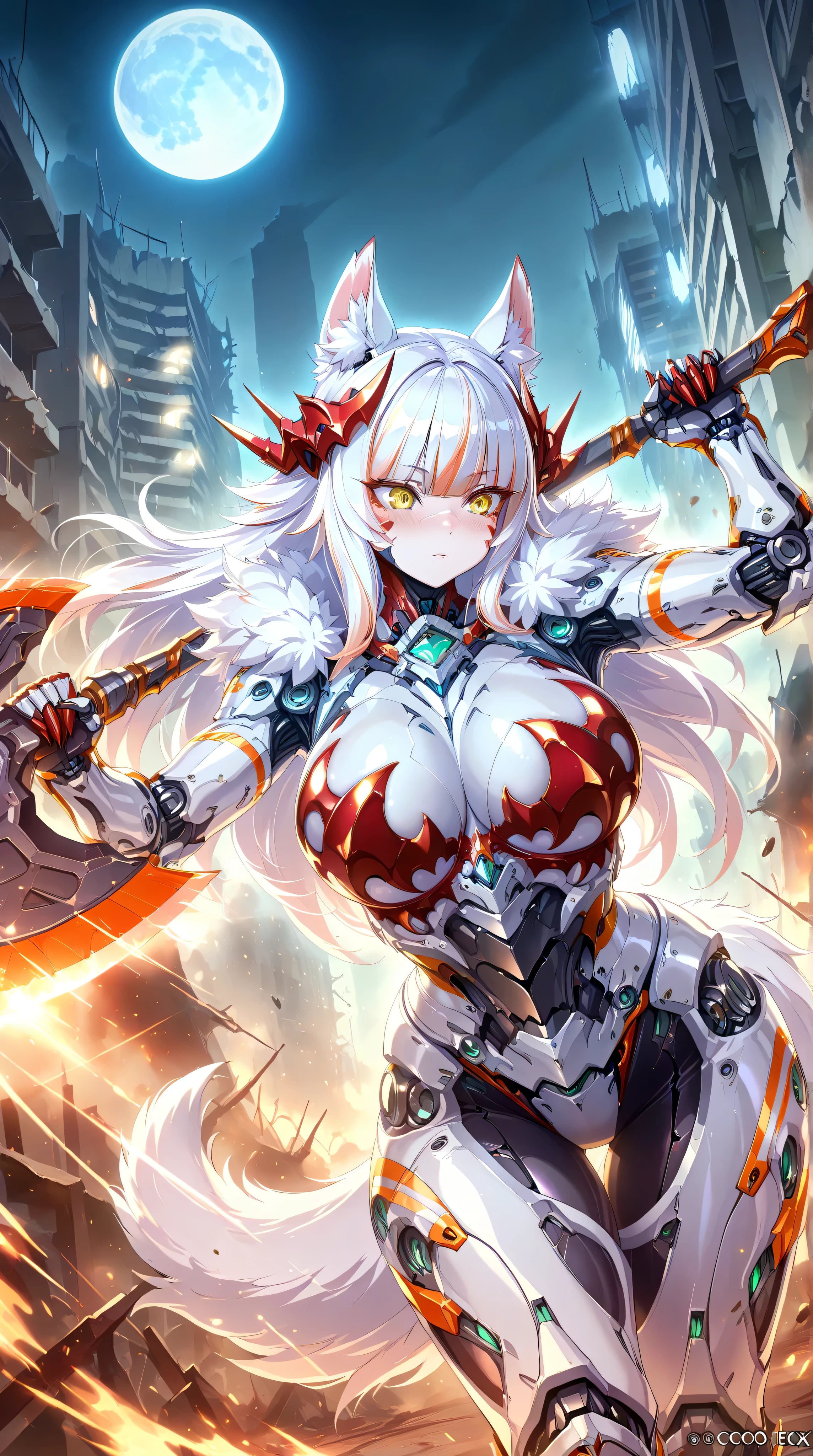 masterpiece,best quality,official art,extremely detailed CG unity 8k wallpaper,extremely detailed background, fantasy art, intricate details, (Sci-fi style), (Mechanical style),1girl,huge_breasts,Mechanical body,mechanical parts,mecha corset,robot joints,mechanical arms,(whole body),thick thighs,lustrous skin,shiny skin,pale skin
(white mastiff armor),(white fur trim),(white intricate mechanical bodysuit),white Functional clothing,dog ears,dog tail,(red claw bra:1.4)
outdoor,building_ruins,burning city,black night,full moon
expressionless,blush,standing,Wielding a axe,cleaving,incoming cleave,incoming attack,dynamic angle,speed line,motion lines,bouncing-breasts,unaligned-breasts
yellow eyes,detailed beautiful eyes,finely detailed eyes
(white hair,crew cut,blunt_bangs,hair_between_eyes,reflective hair,